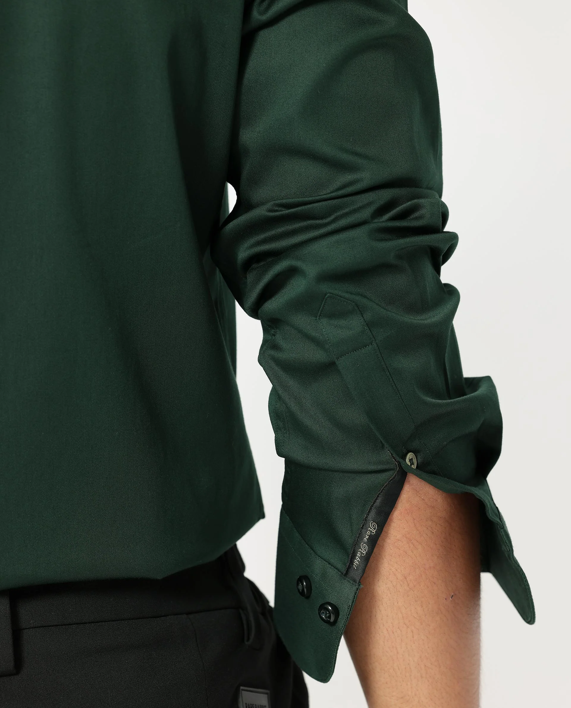 Rare Rabbit Men's Holand Dark Olive Satin Plain Regular Fit Full Sleeve Collared Shirt - Image 4