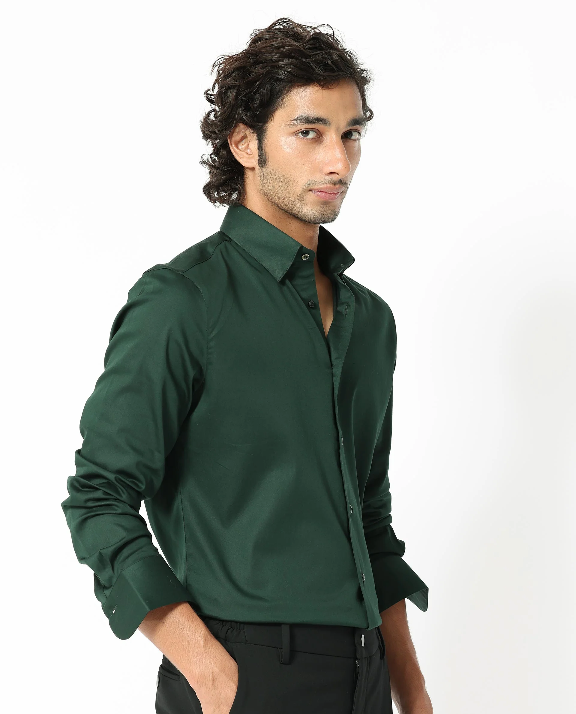 Rare Rabbit Men's Holand Dark Olive Satin Plain Regular Fit Full Sleeve Collared Shirt - Image 6