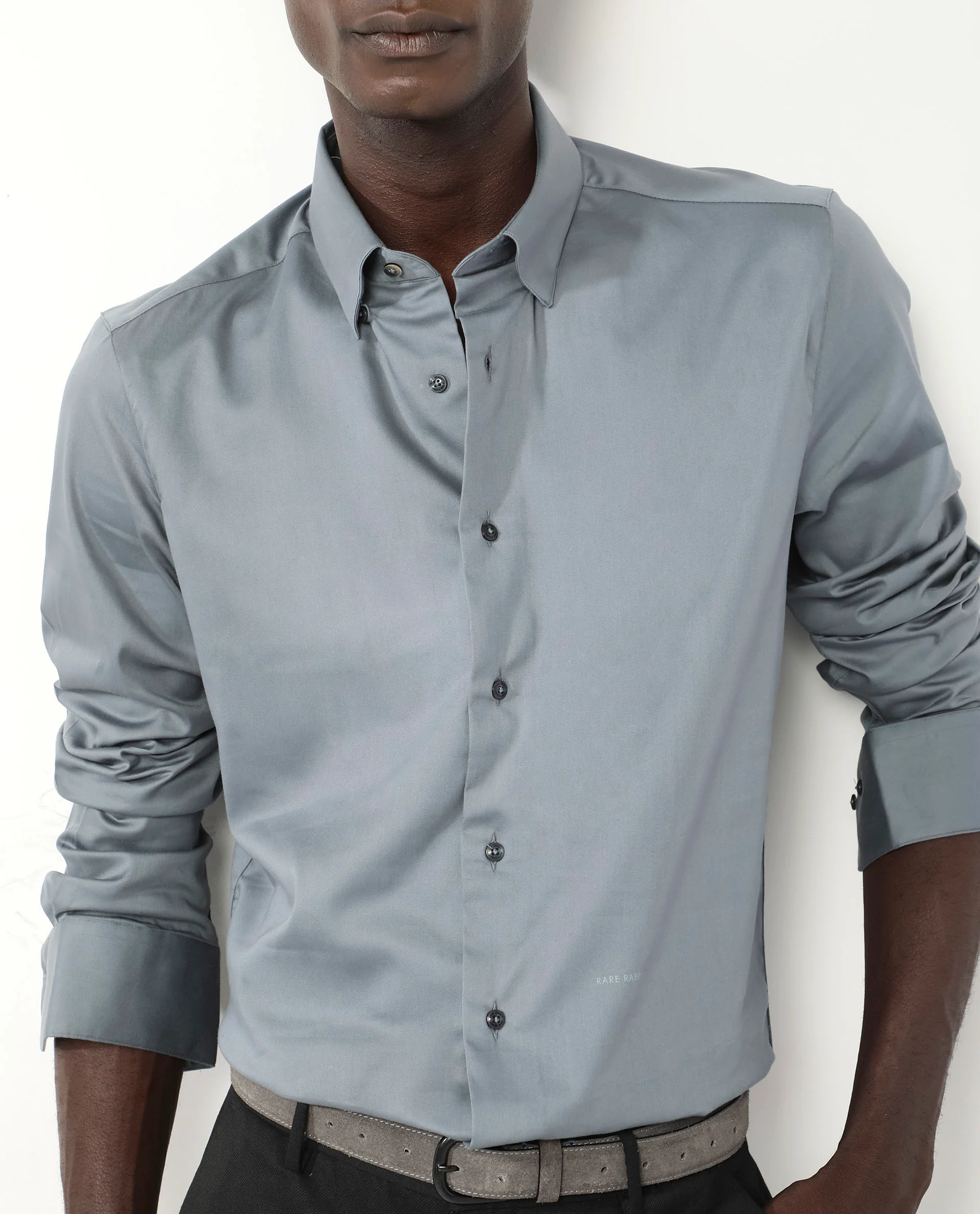 Rare Rabbit Men's Holand Dusky Green Satin Plain Regular Fit Full Sleeve Collared Shirt - Image 3