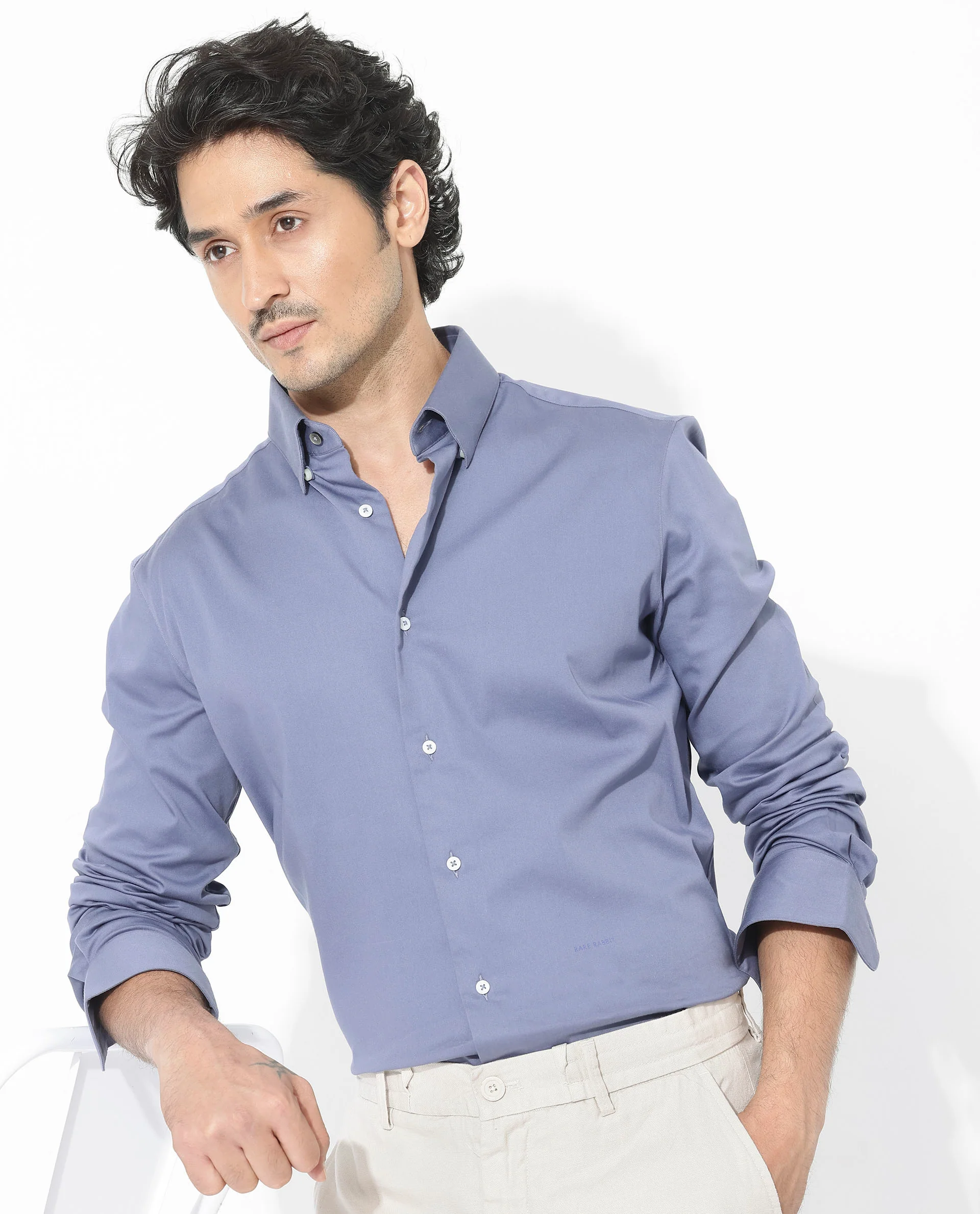 Rare Rabbit Men's Holand Dusky Purple Satin Plain Regular Fit Full Sleeve Collared Shirt - Image 7