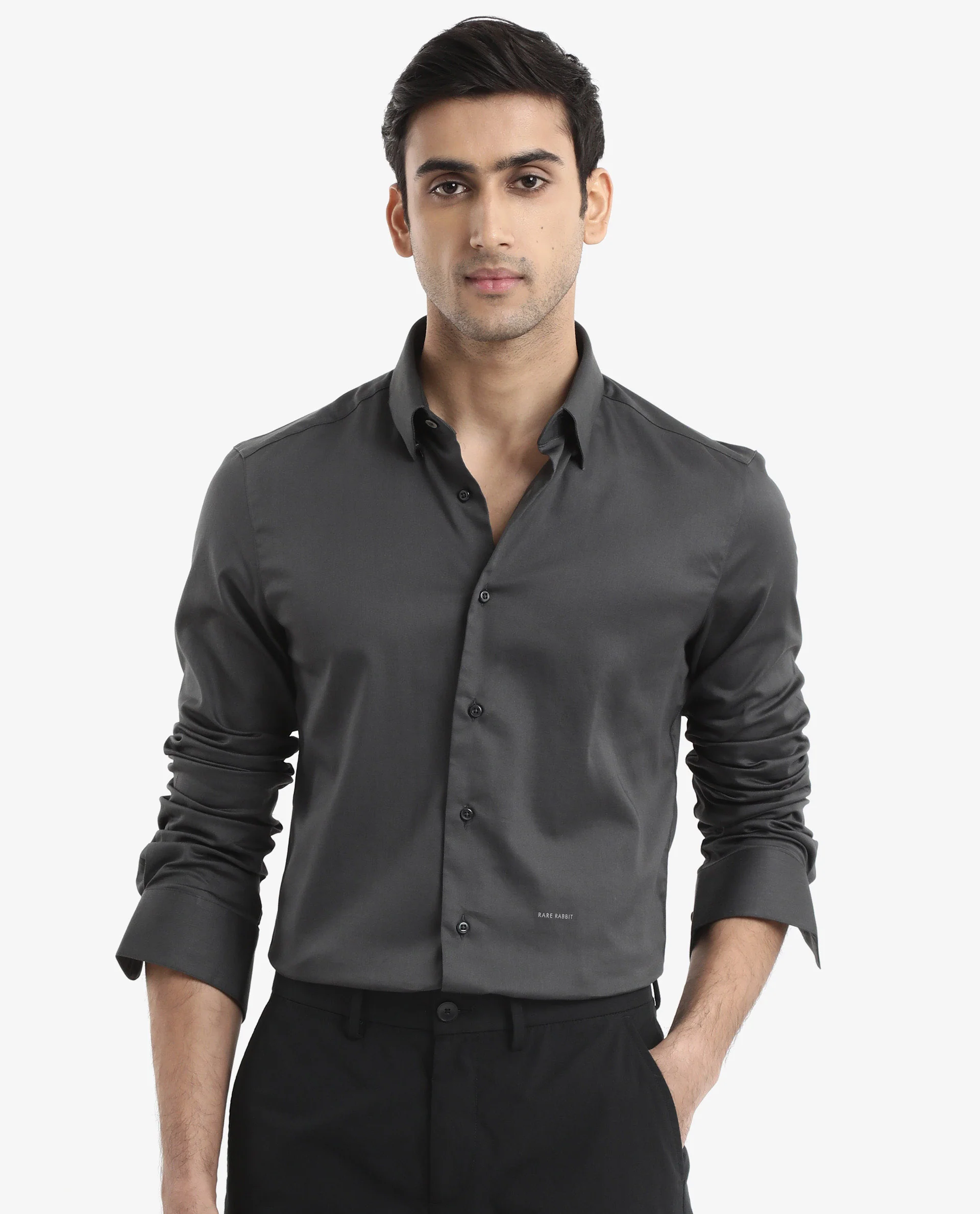 Rare Rabbit Men's Holand Grey Satin Plain Regular Fit Full Sleeve Button-Down Collar Shirt - Image 3