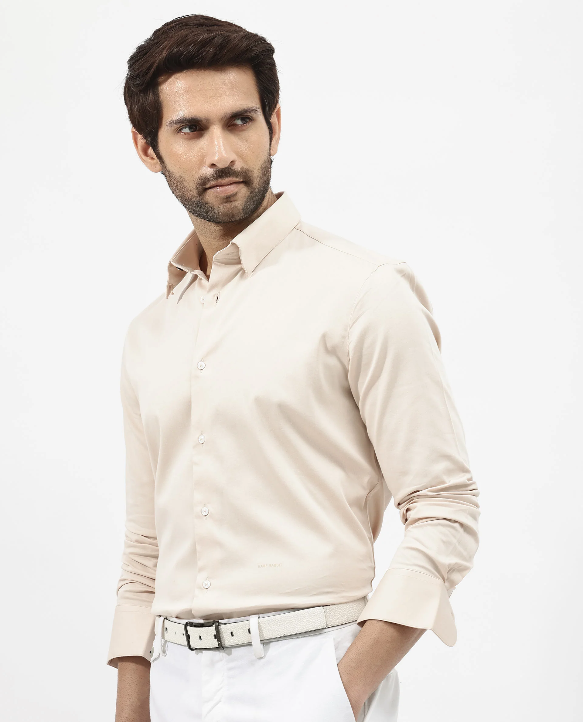 Rare Rabbit Men's Holand Light Beige Satin Plain Regular Fit Full Sleeve Collared Shirt - Image 3