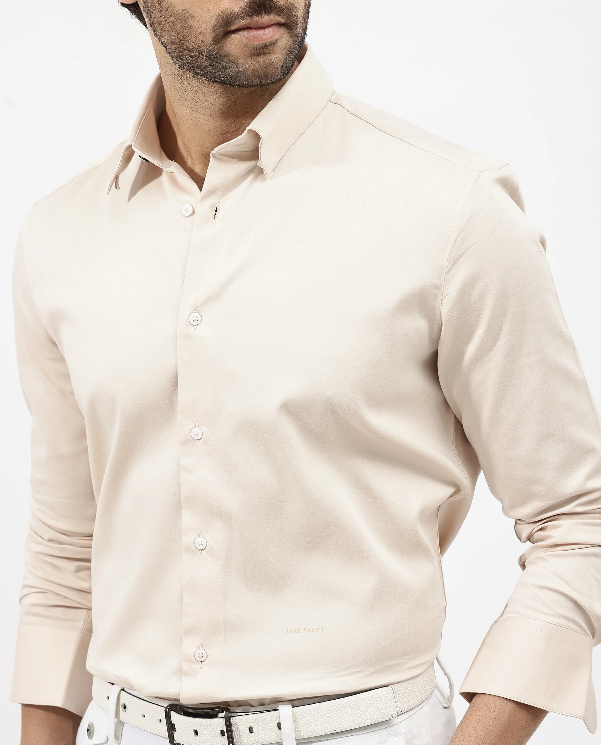 Rare Rabbit Men's Holand Light Beige Satin Plain Regular Fit Full Sleeve Collared Shirt - Image 4