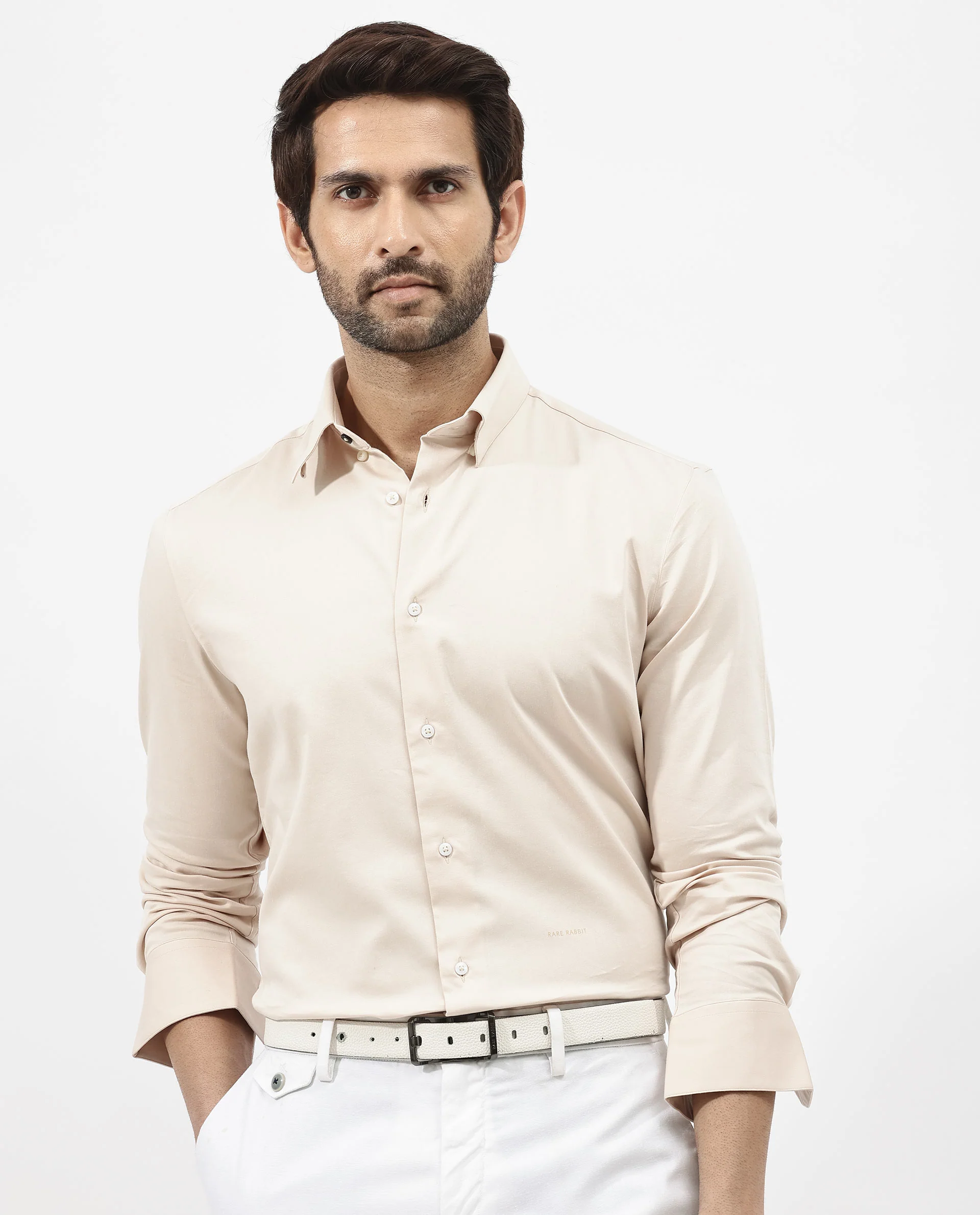 Rare Rabbit Men's Holand Light Beige Satin Plain Regular Fit Full Sleeve Collared Shirt - Image 9
