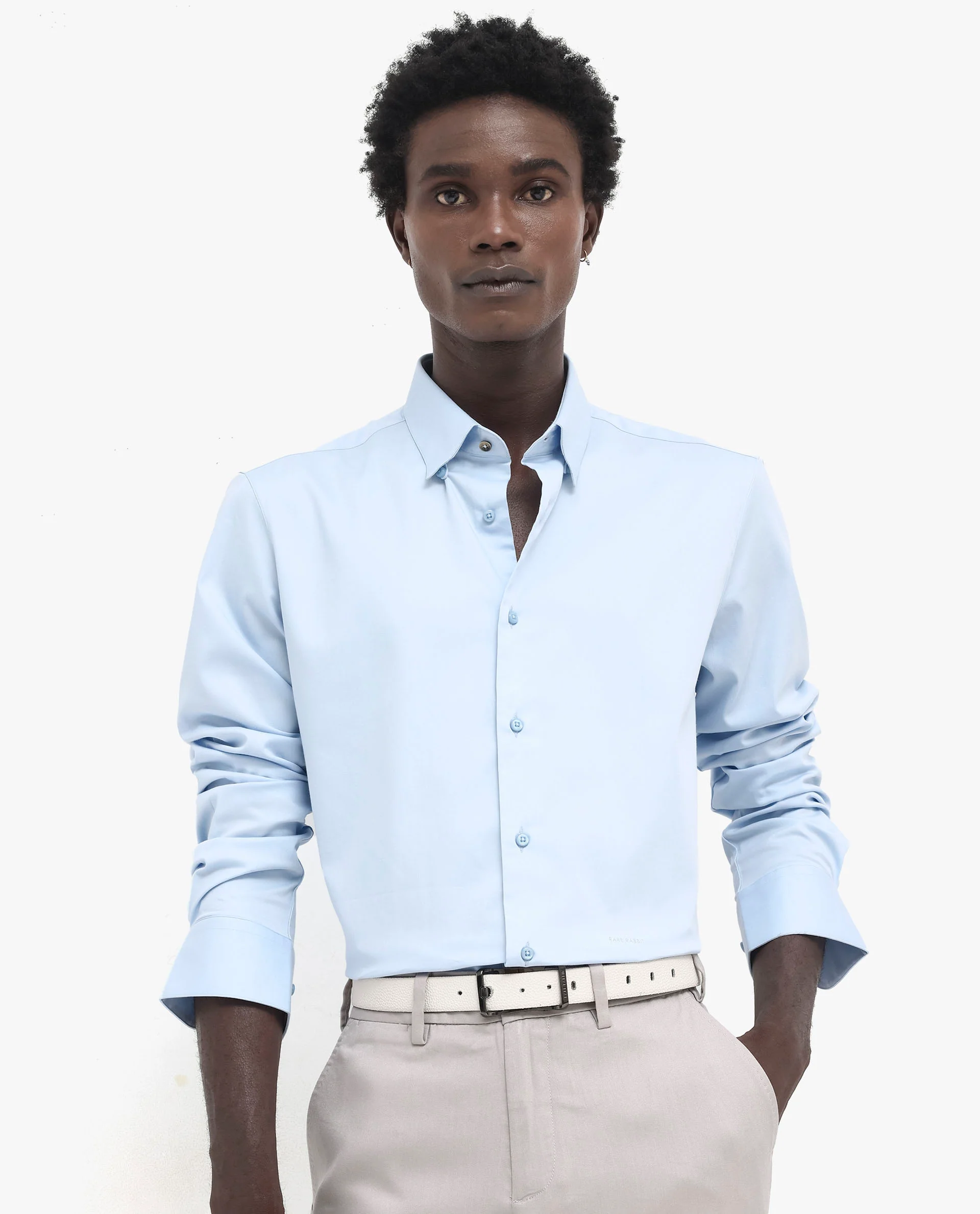 Rare Rabbit Men's Holand Light Blue Satin Plain Regular Fit Full Sleeve Collared Shirt - Image 3
