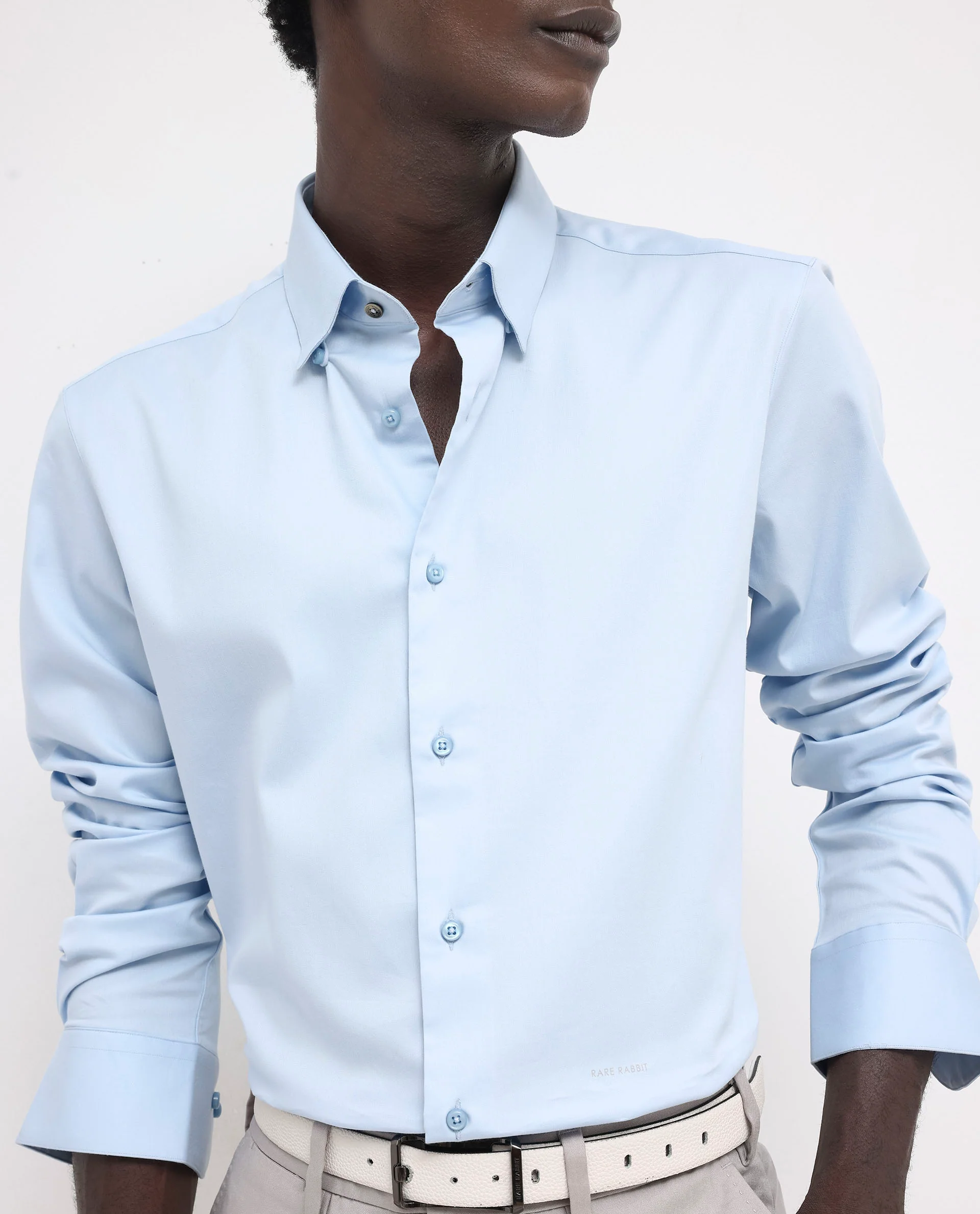 Rare Rabbit Men's Holand Light Blue Satin Plain Regular Fit Full Sleeve Collared Shirt - Image 4