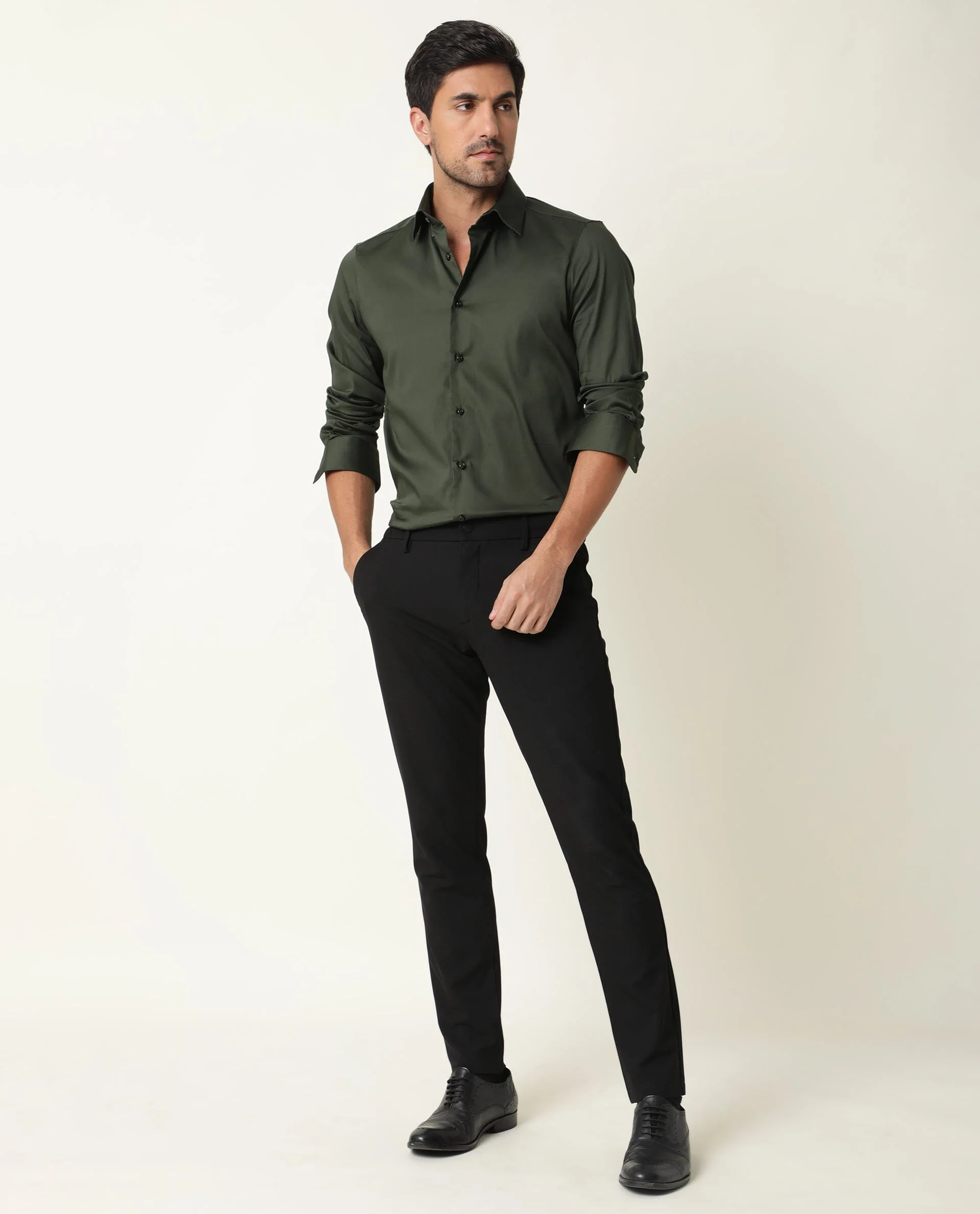 Rare Rabbit Men's Holand Olive Satin Plain Regular Fit Full Sleeve Button-Down Collar Shirt - Image 3