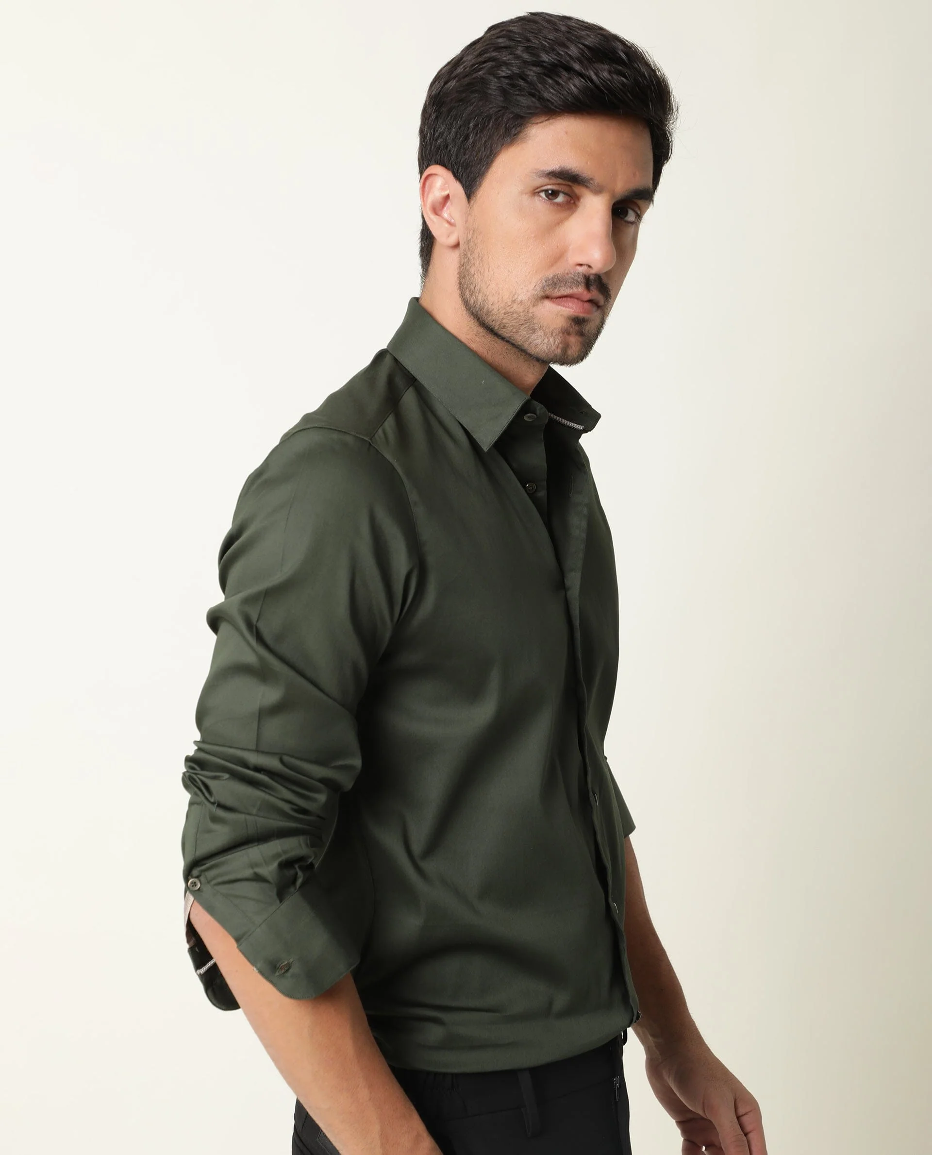 Rare Rabbit Men's Holand Olive Satin Plain Regular Fit Full Sleeve Button-Down Collar Shirt - Image 6