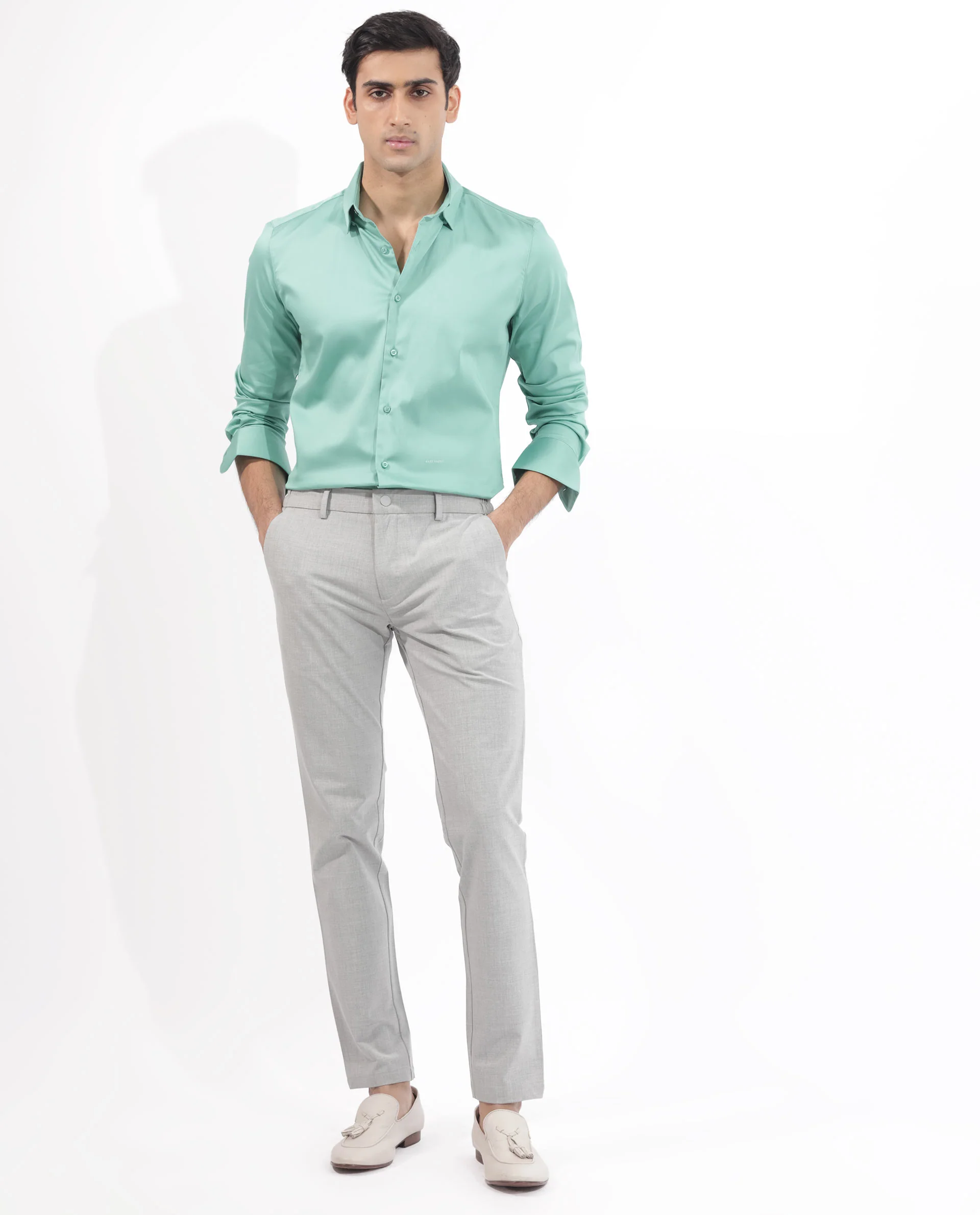 Rare Rabbit Men's Holand Pastel Green Satin Plain Regular Fit Full Sleeve Button-Down Collar Shirt - Image 2