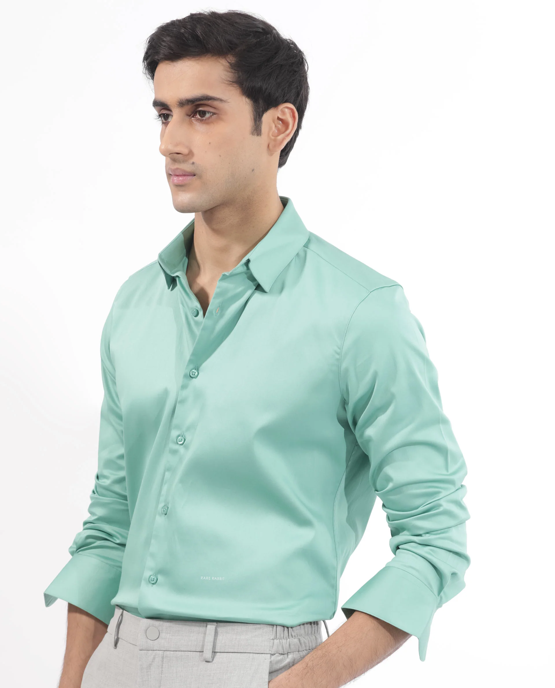 Rare Rabbit Men's Holand Pastel Green Satin Plain Regular Fit Full Sleeve Button-Down Collar Shirt - Image 3