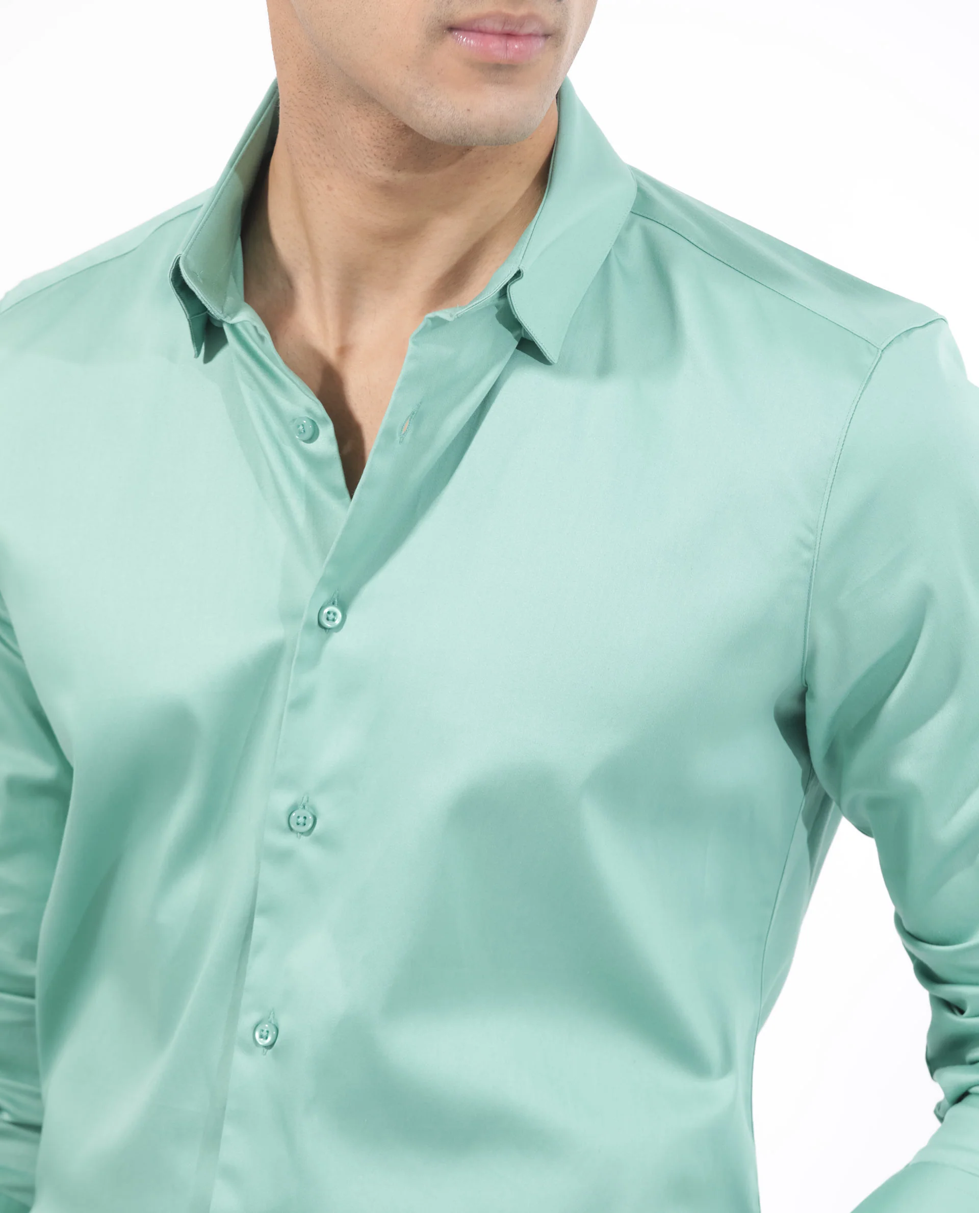 Rare Rabbit Men's Holand Pastel Green Satin Plain Regular Fit Full Sleeve Button-Down Collar Shirt - Image 5