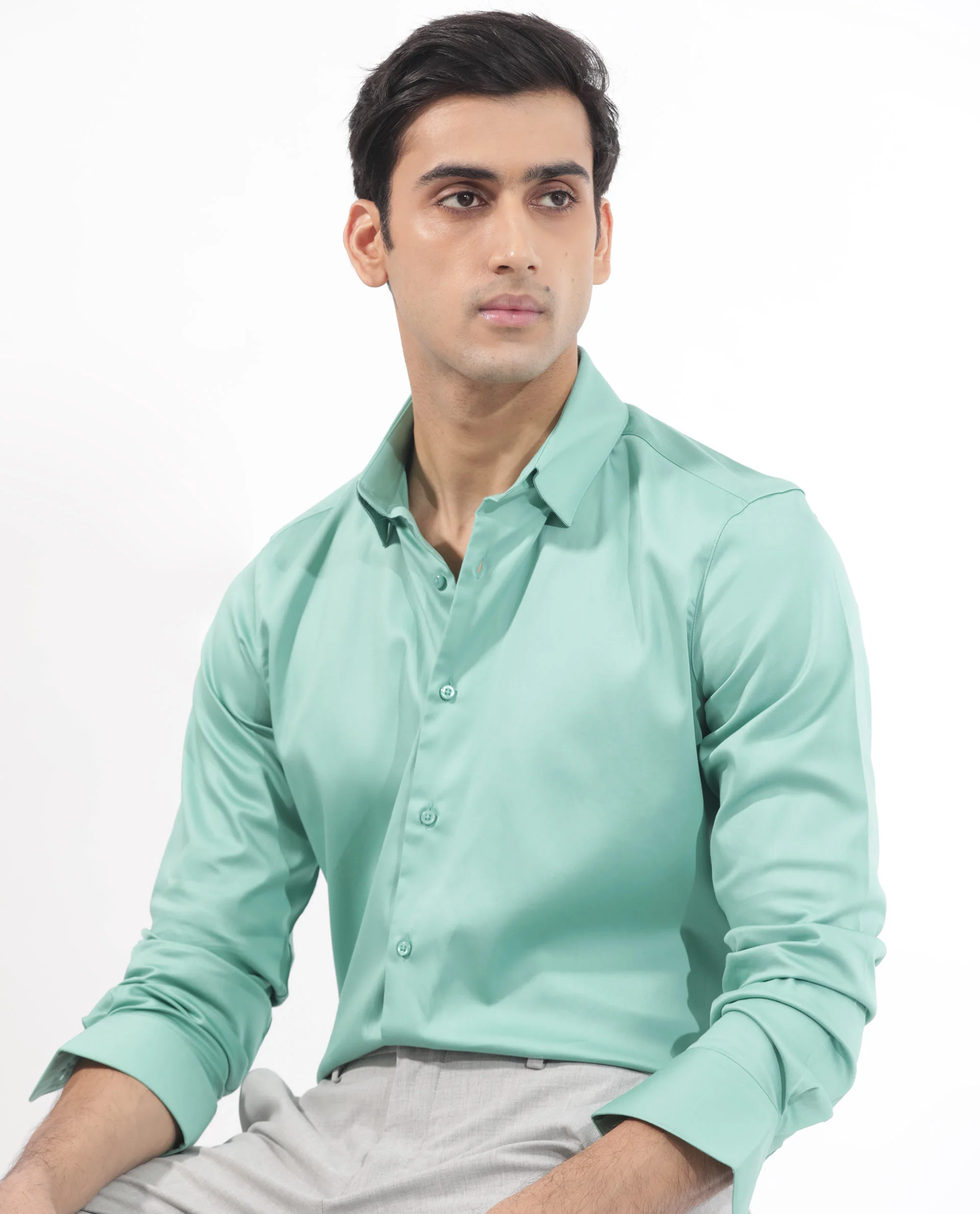 Rare Rabbit Men's Holand Pastel Green Satin Plain Regular Fit Full Sleeve Button-Down Collar Shirt - Image 6