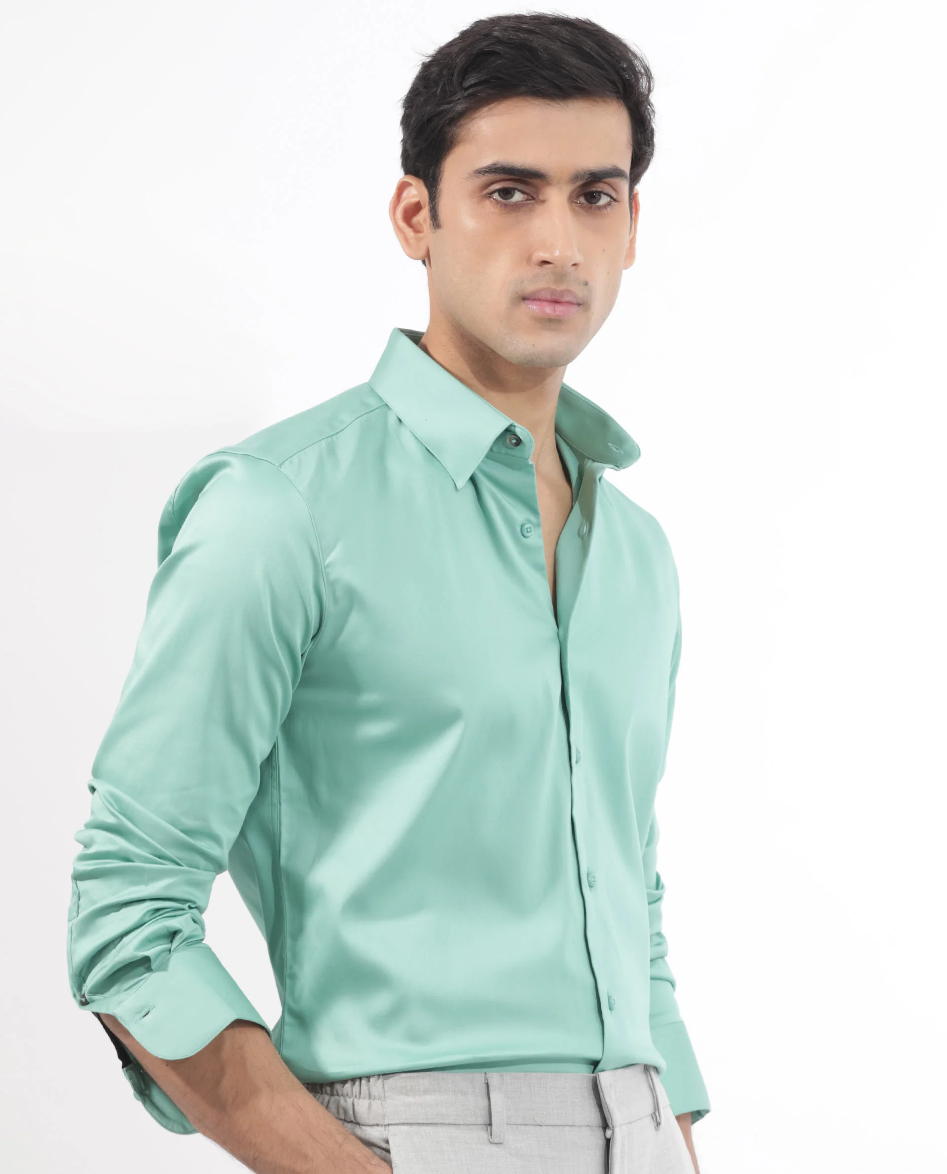 Rare Rabbit Men's Holand Pastel Green Satin Plain Regular Fit Full Sleeve Button-Down Collar Shirt - Image 7