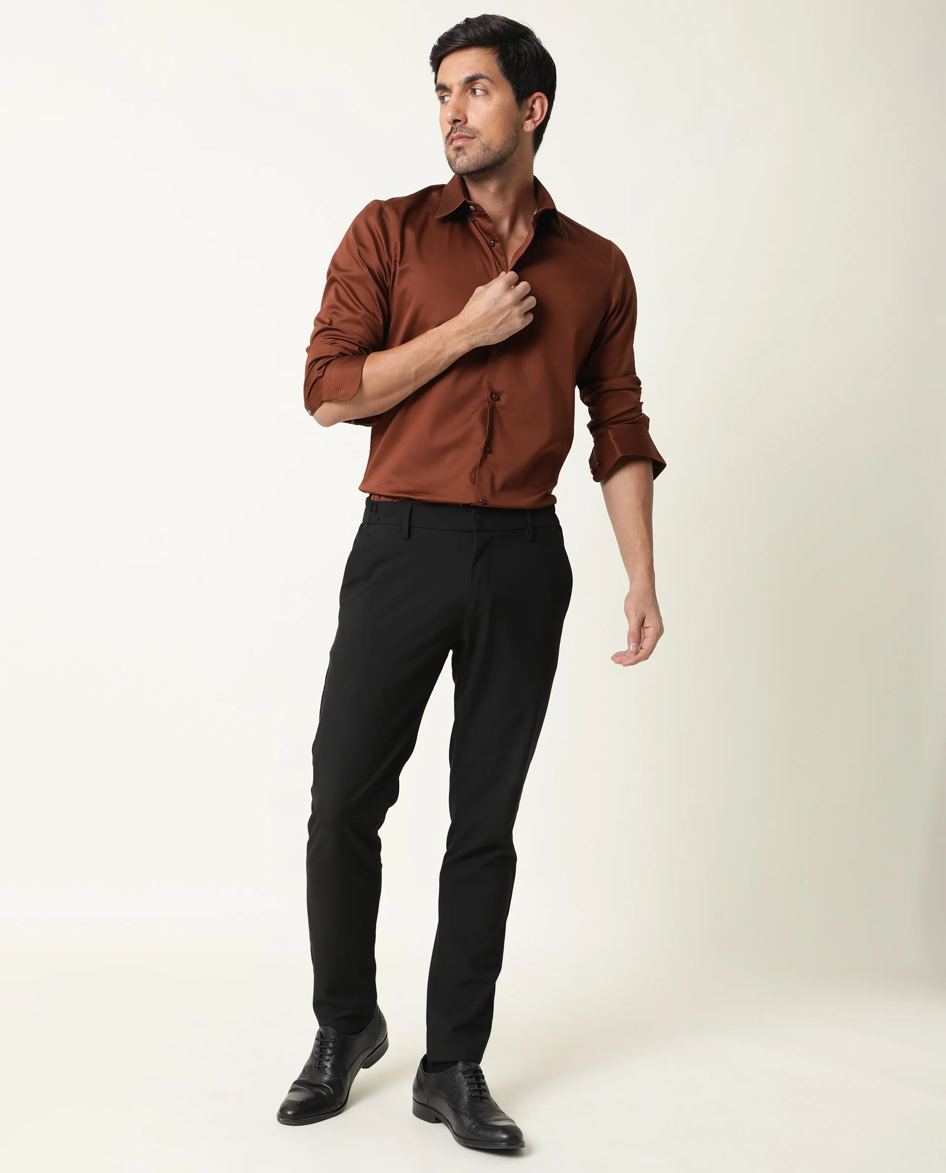 Rare Rabbit Men's Holand Rust Satin Plain Regular Fit Full Sleeve Collared Shirt - Image 2
