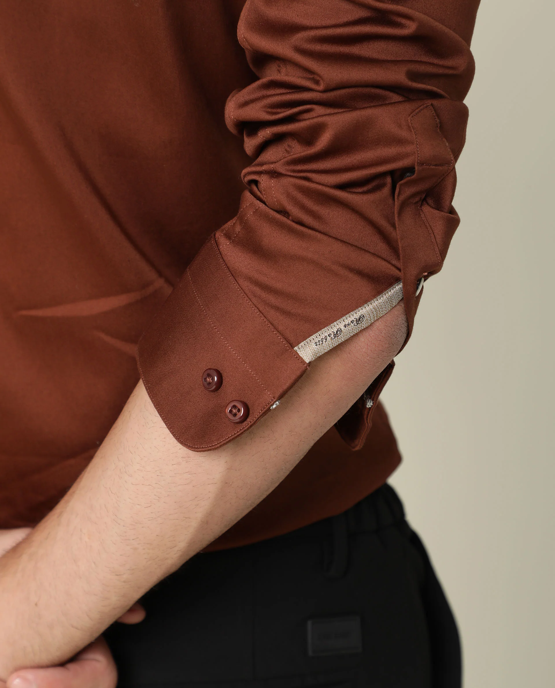 Rare Rabbit Men's Holand Rust Satin Plain Regular Fit Full Sleeve Collared Shirt - Image 3