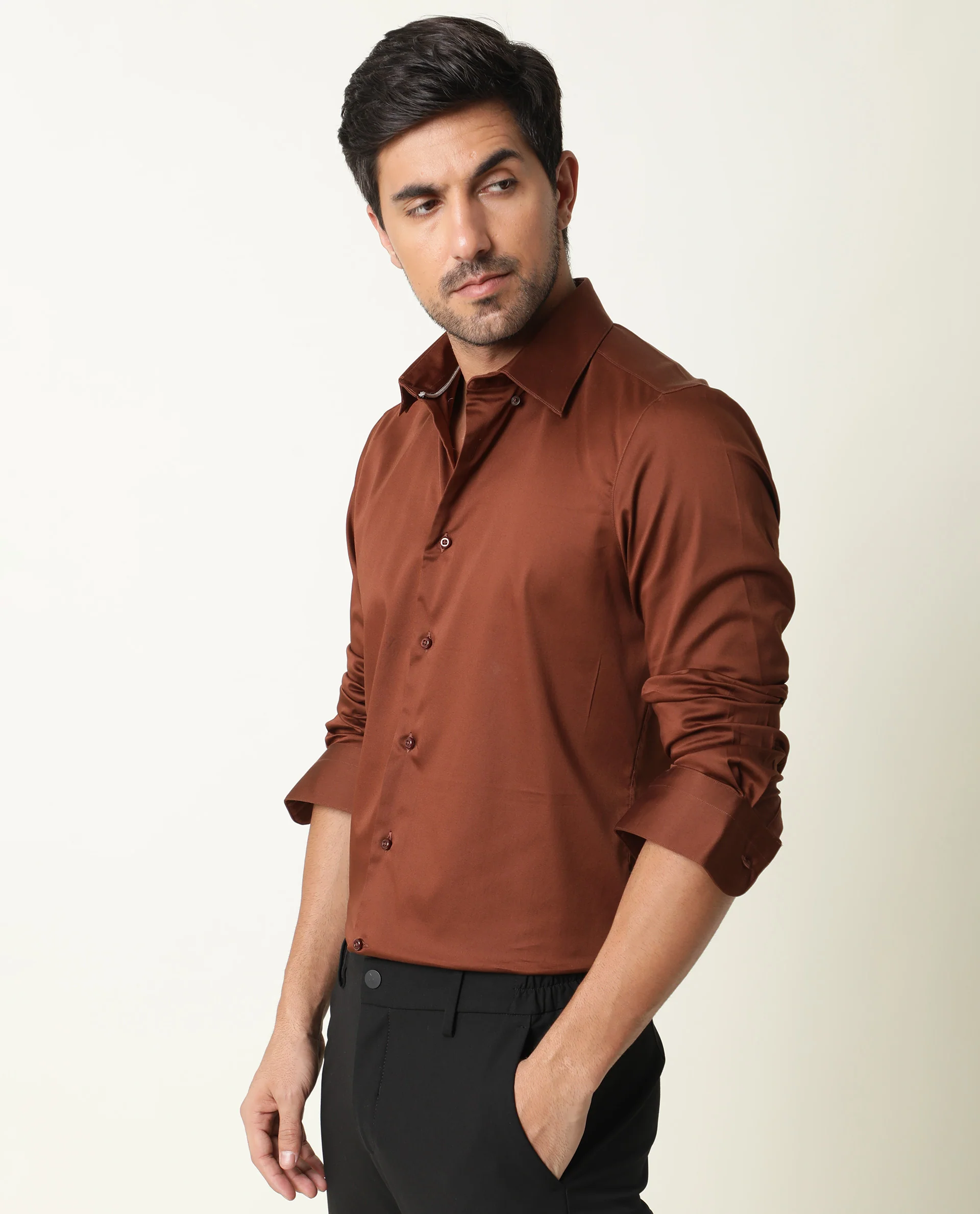 Rare Rabbit Men's Holand Rust Satin Plain Regular Fit Full Sleeve Collared Shirt - Image 4