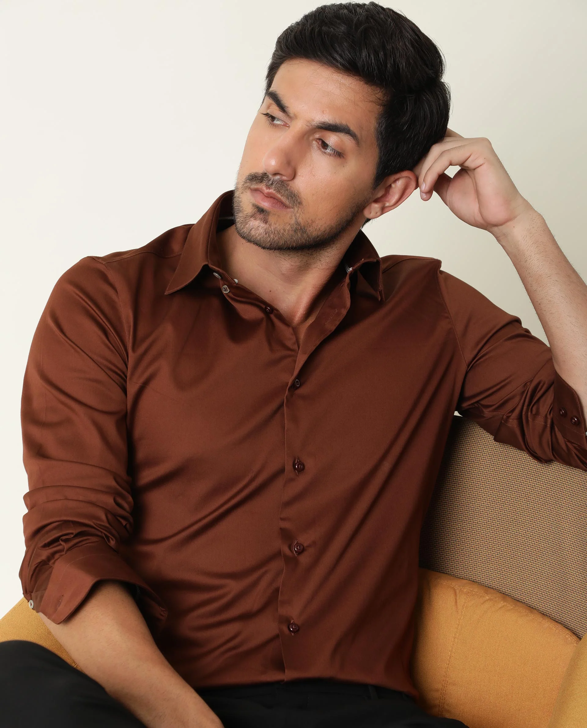 Rare Rabbit Men's Holand Rust Satin Plain Regular Fit Full Sleeve Collared Shirt - Image 5