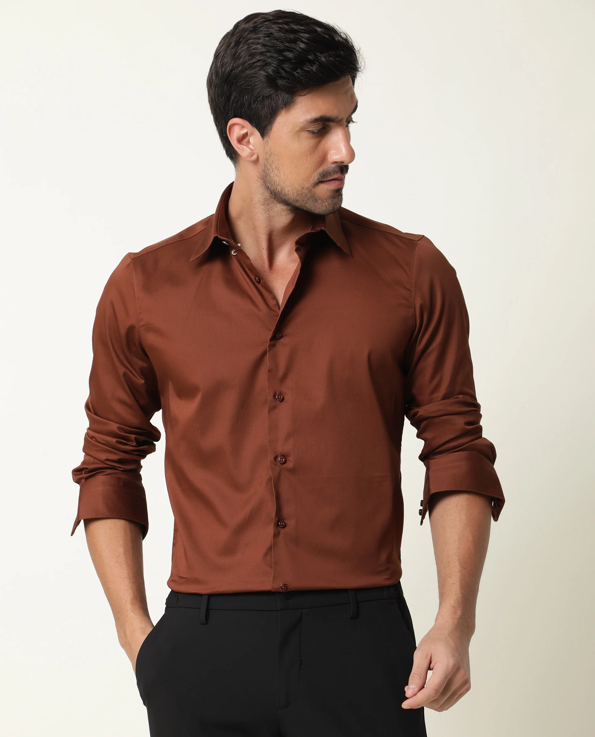 Rare Rabbit Men's Holand Rust Satin Plain Regular Fit Full Sleeve Collared Shirt - Image 6