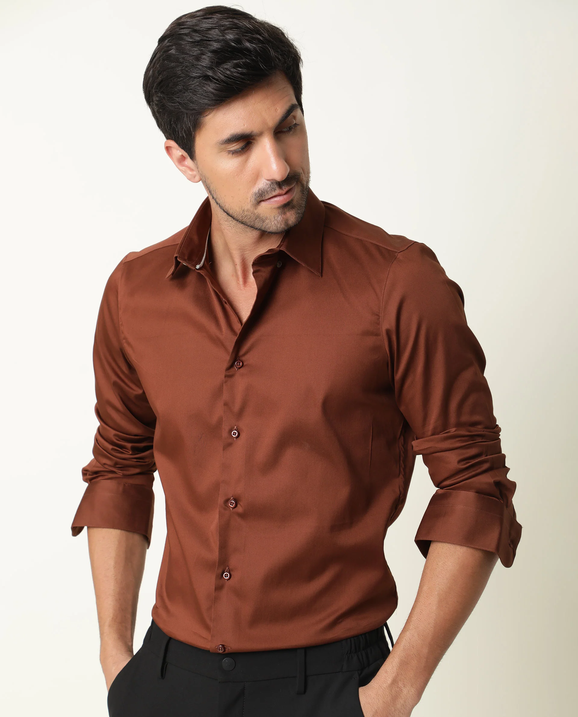Rare Rabbit Men's Holand Rust Satin Plain Regular Fit Full Sleeve Collared Shirt - Image 7