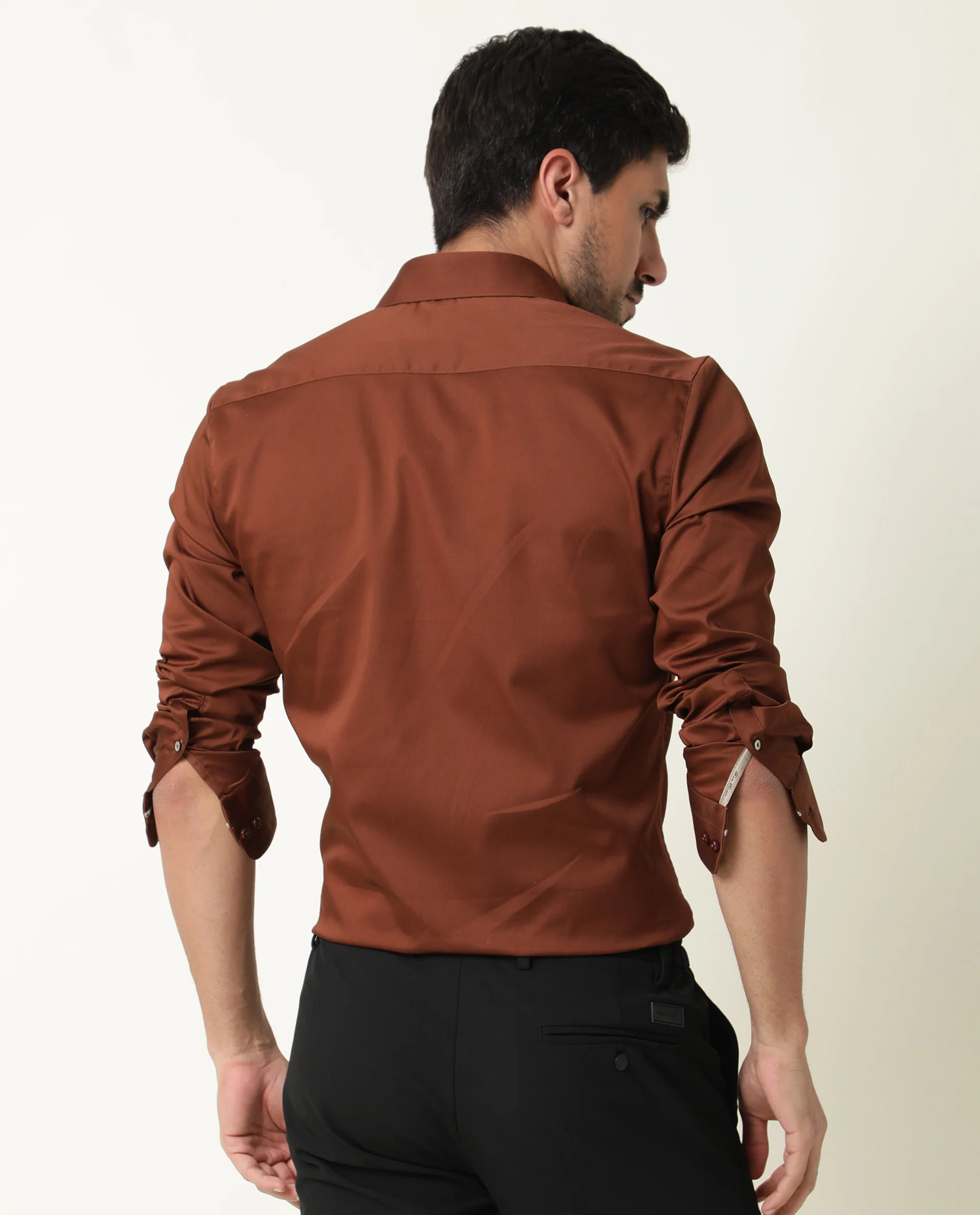 Rare Rabbit Men's Holand Rust Satin Plain Regular Fit Full Sleeve Collared Shirt - Image 8