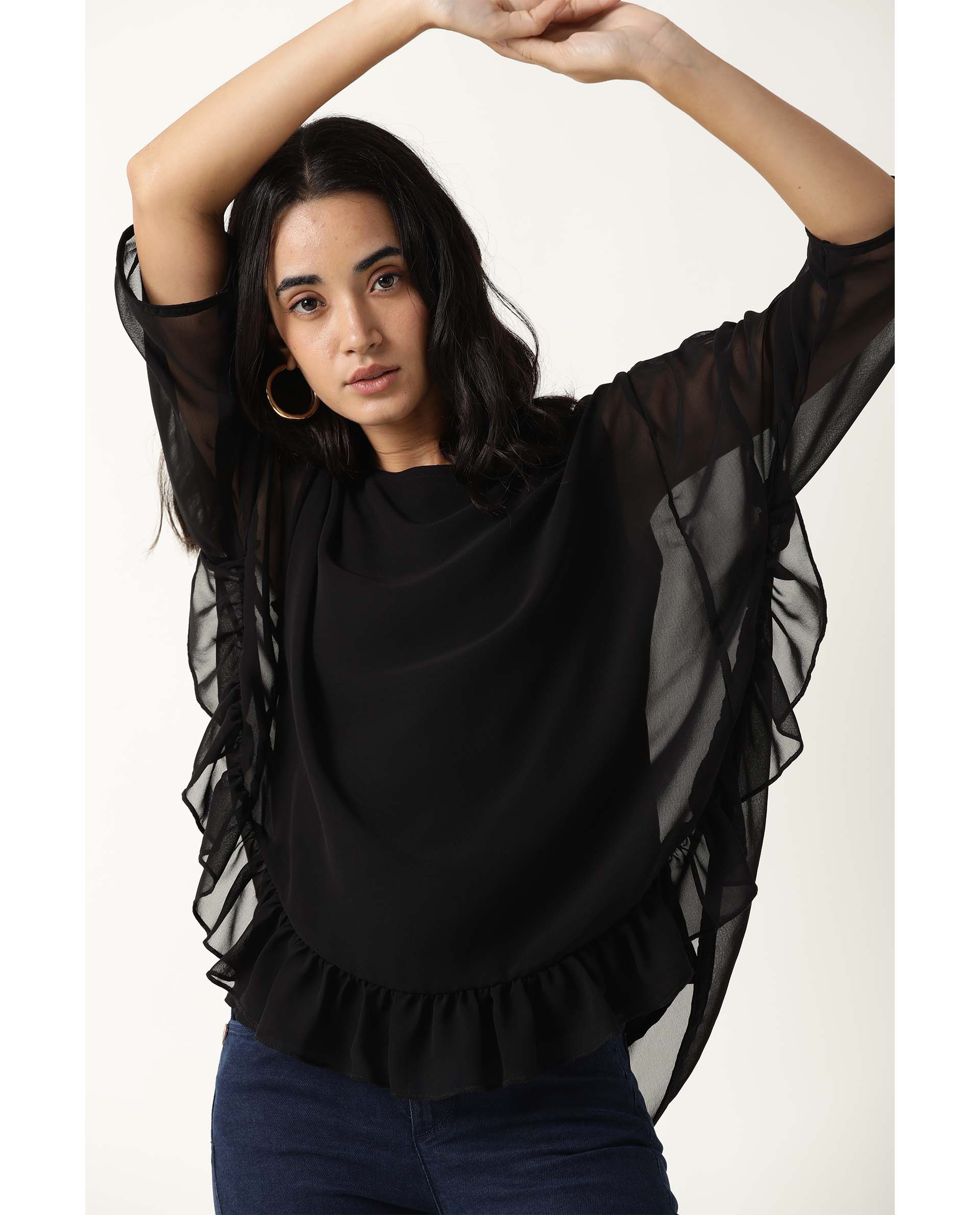 Rareism Women's Hold Black Polyester Crew Neck Plain Extended Sleeves Relaxed Fit Top