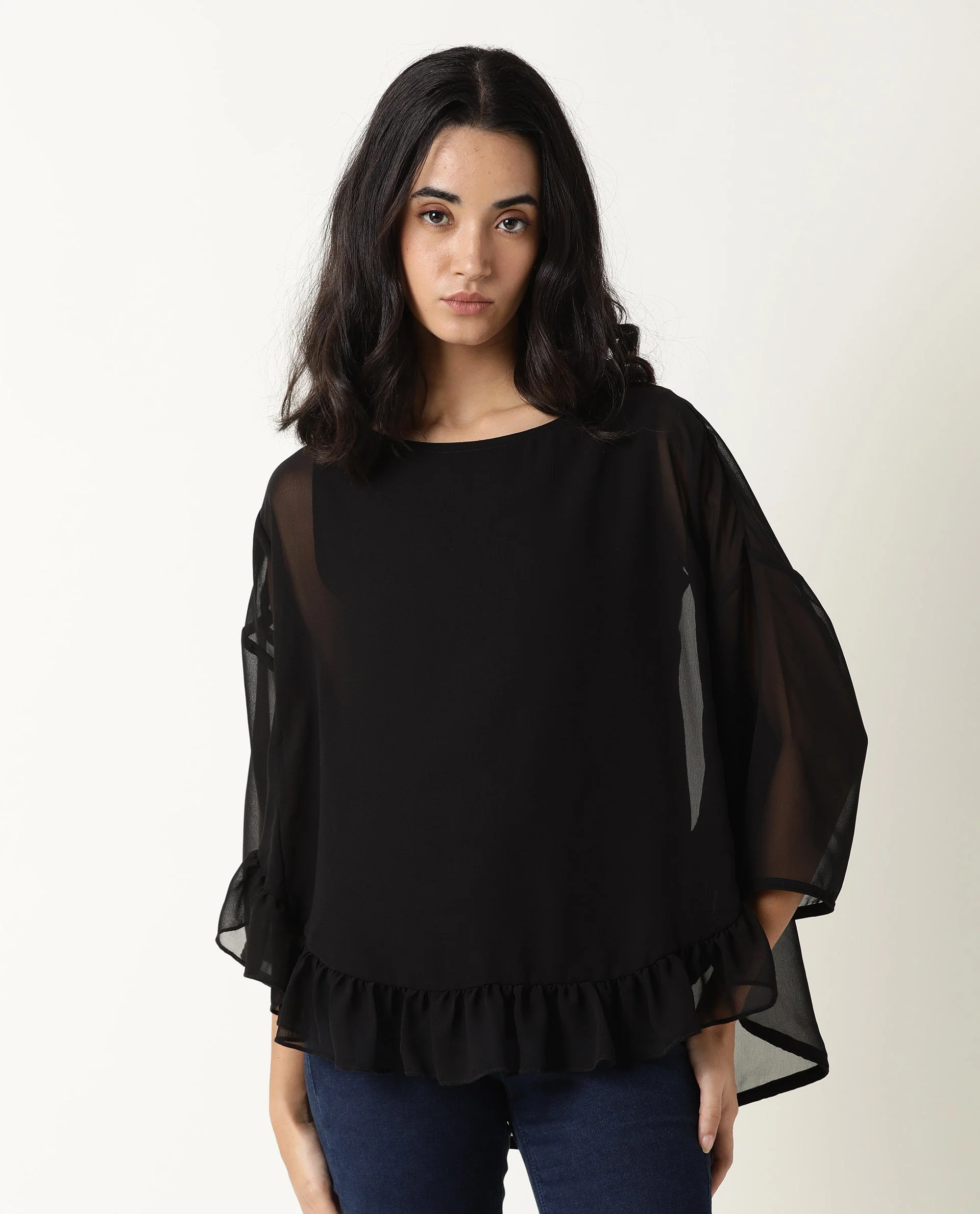 Rareism Women's Hold Black Polyester Crew Neck Plain Extended Sleeves Relaxed Fit Top - Image 2