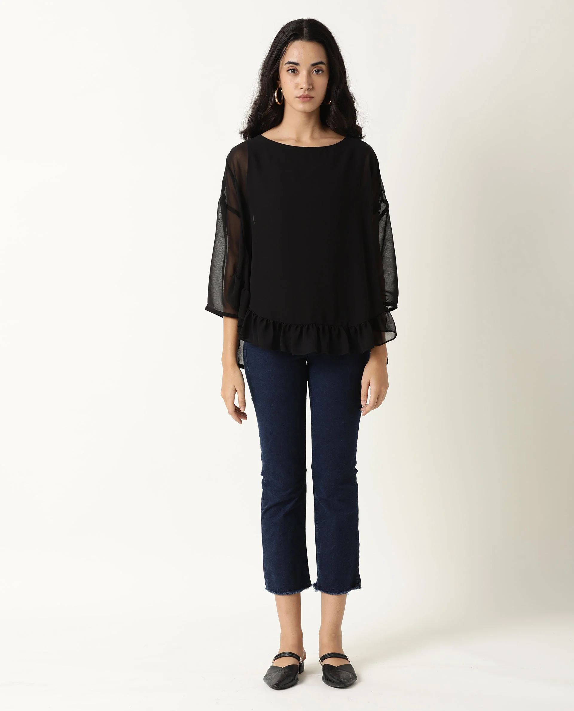Rareism Women's Hold Black Polyester Crew Neck Plain Extended Sleeves Relaxed Fit Top - Image 3