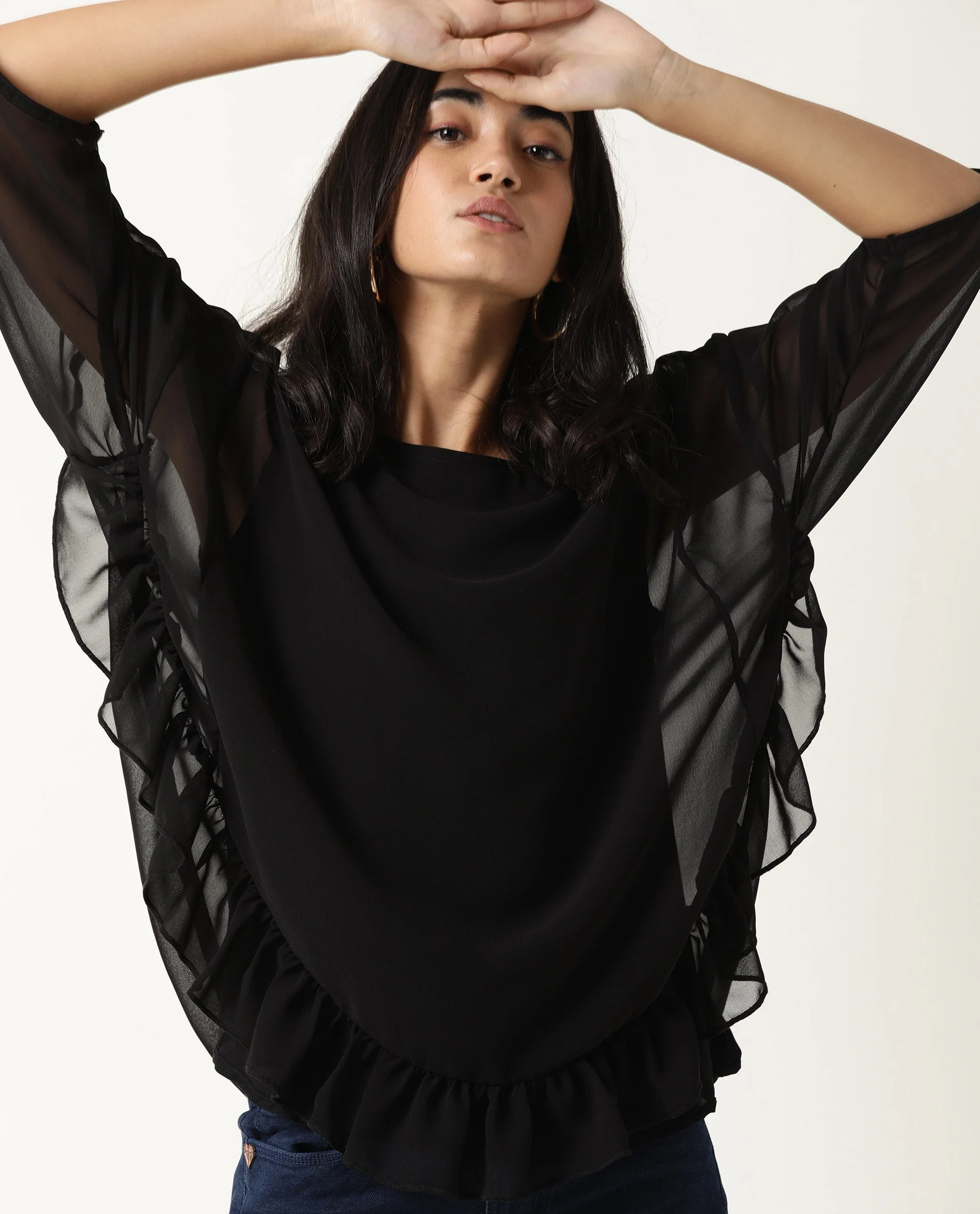 Rareism Women's Hold Black Polyester Crew Neck Plain Extended Sleeves Relaxed Fit Top - Image 4