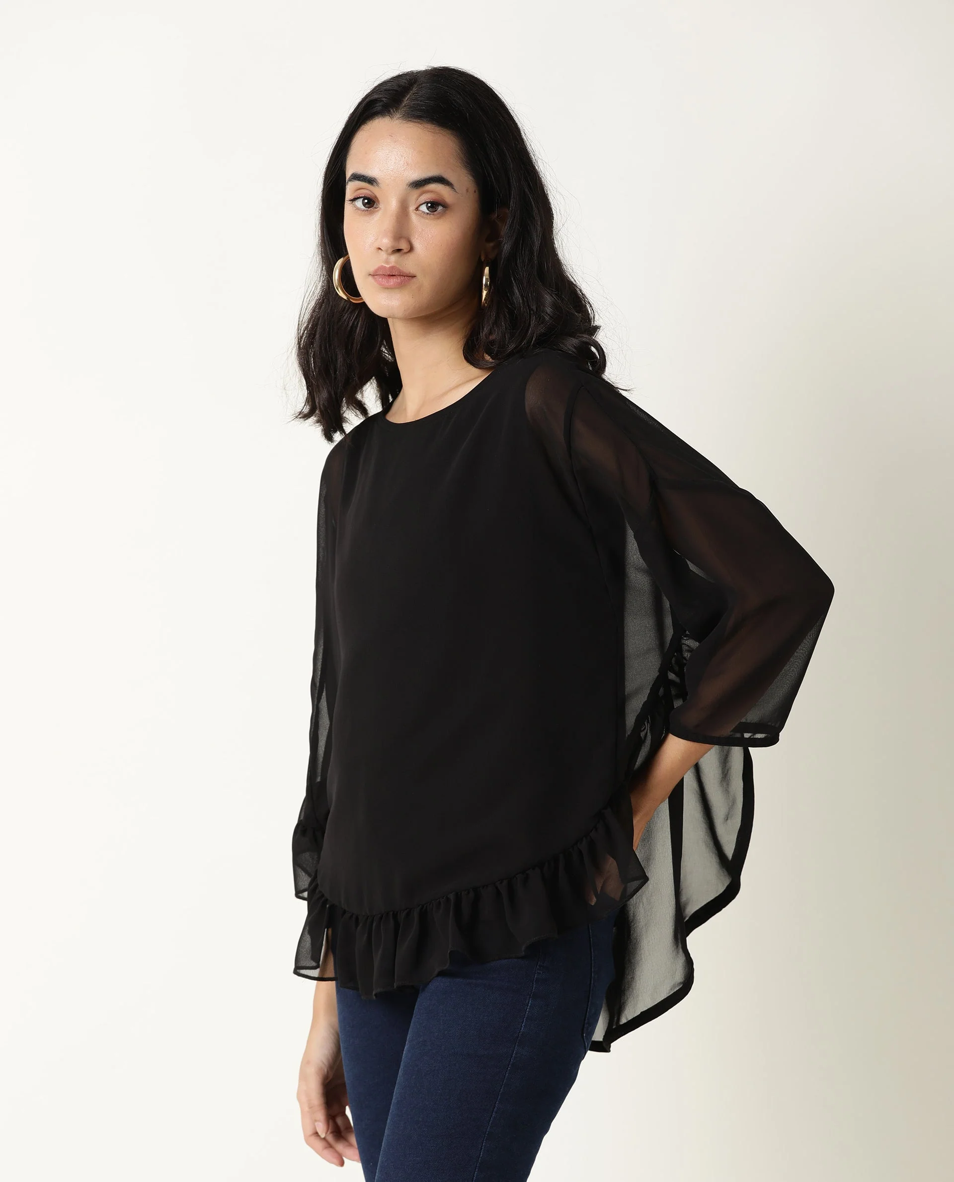 Rareism Women's Hold Black Polyester Crew Neck Plain Extended Sleeves Relaxed Fit Top - Image 5