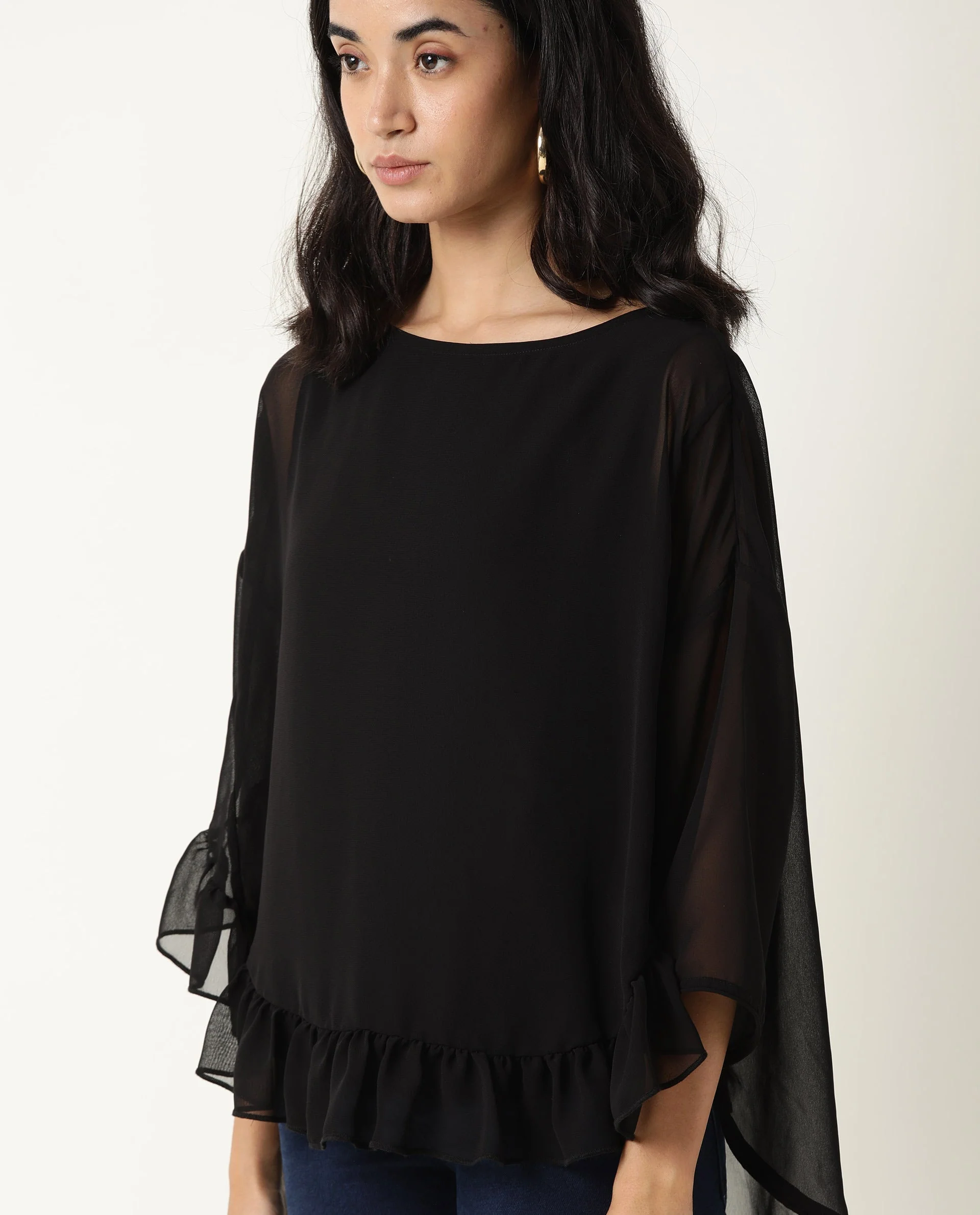 Rareism Women's Hold Black Polyester Crew Neck Plain Extended Sleeves Relaxed Fit Top - Image 6