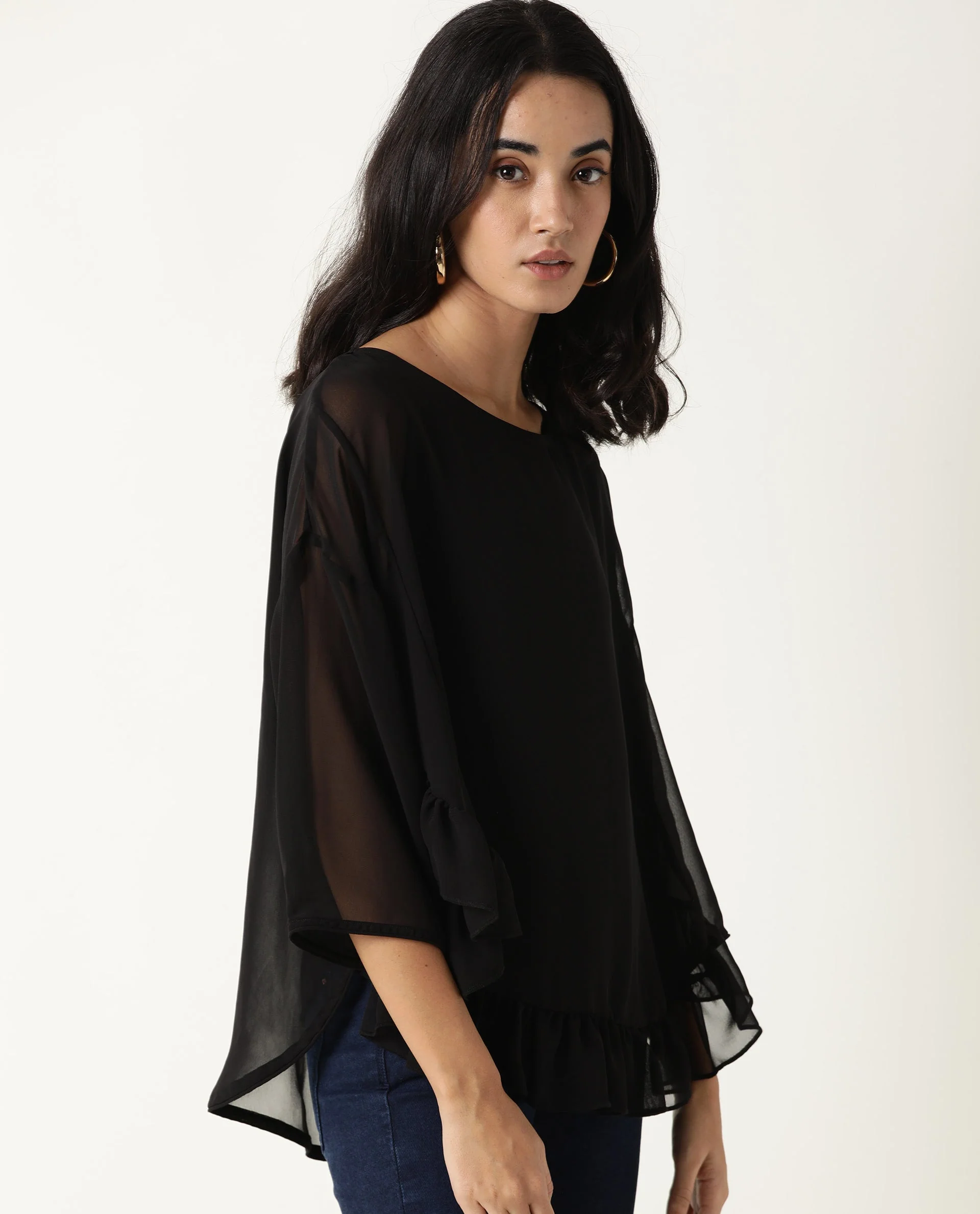 Rareism Women's Hold Black Polyester Crew Neck Plain Extended Sleeves Relaxed Fit Top - Image 7