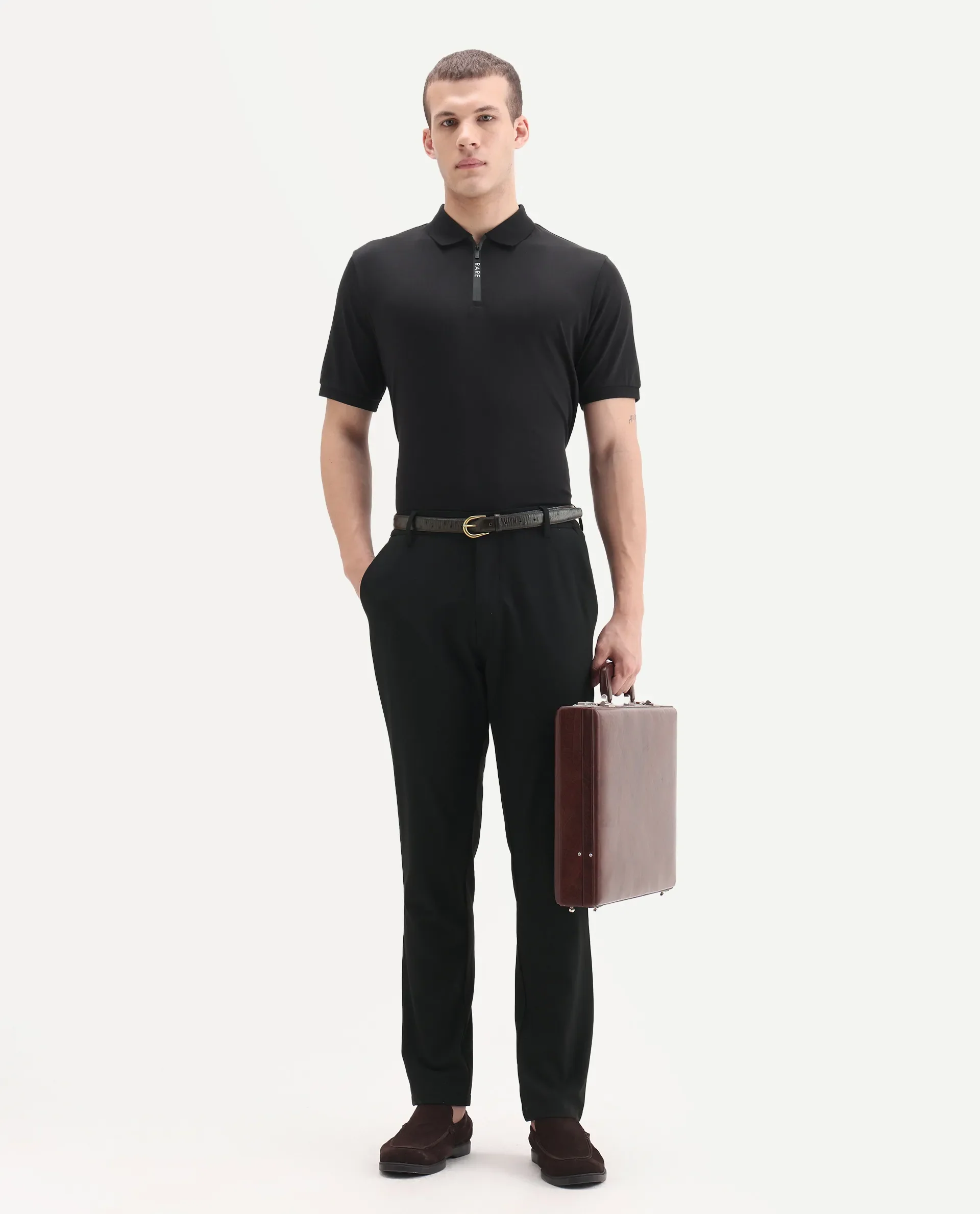 Rare Rabbit Men's Holit-1 Black Cotton Plain Regular Fit Half Sleeve Polo - Image 2