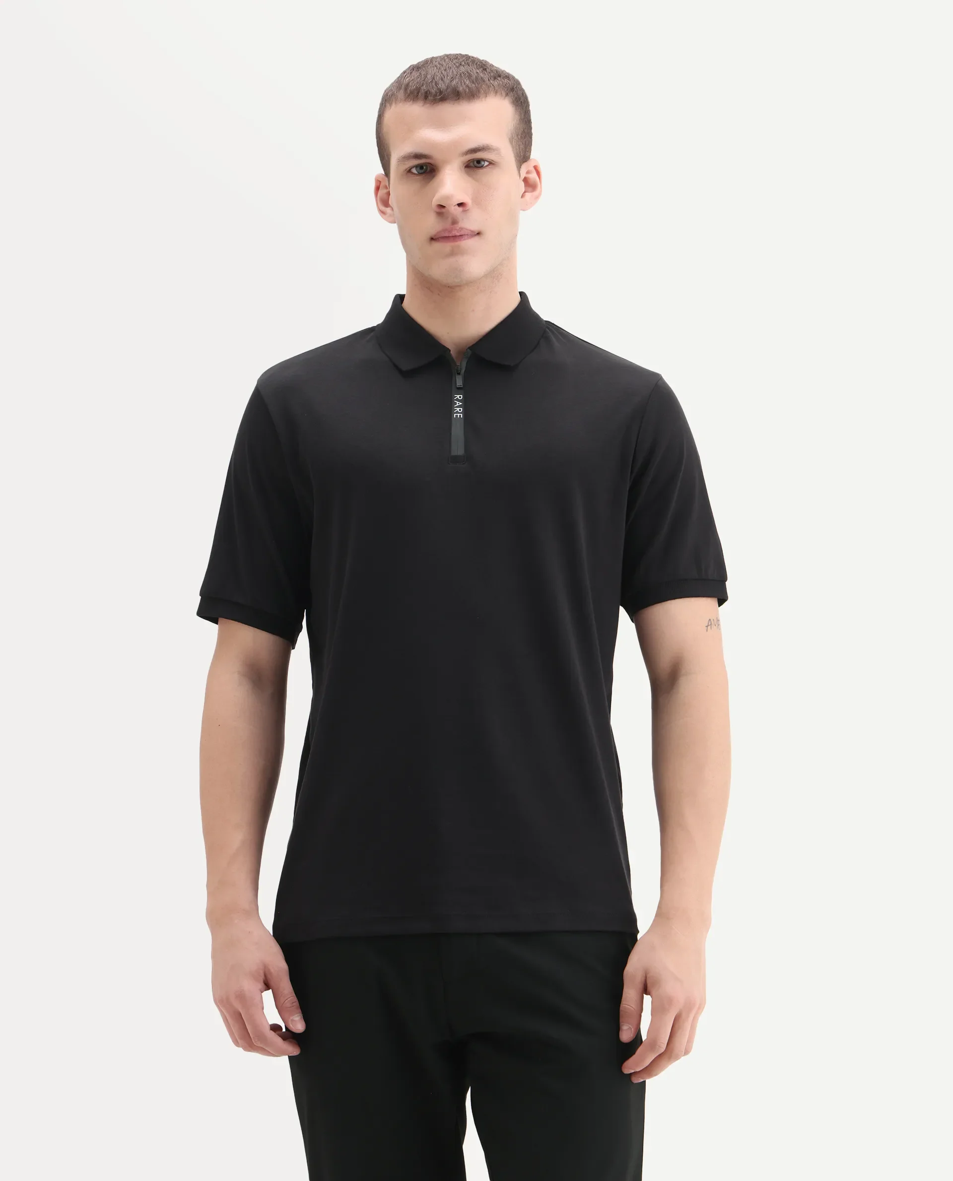 Rare Rabbit Men's Holit-1 Black Cotton Plain Regular Fit Half Sleeve Polo - Image 6