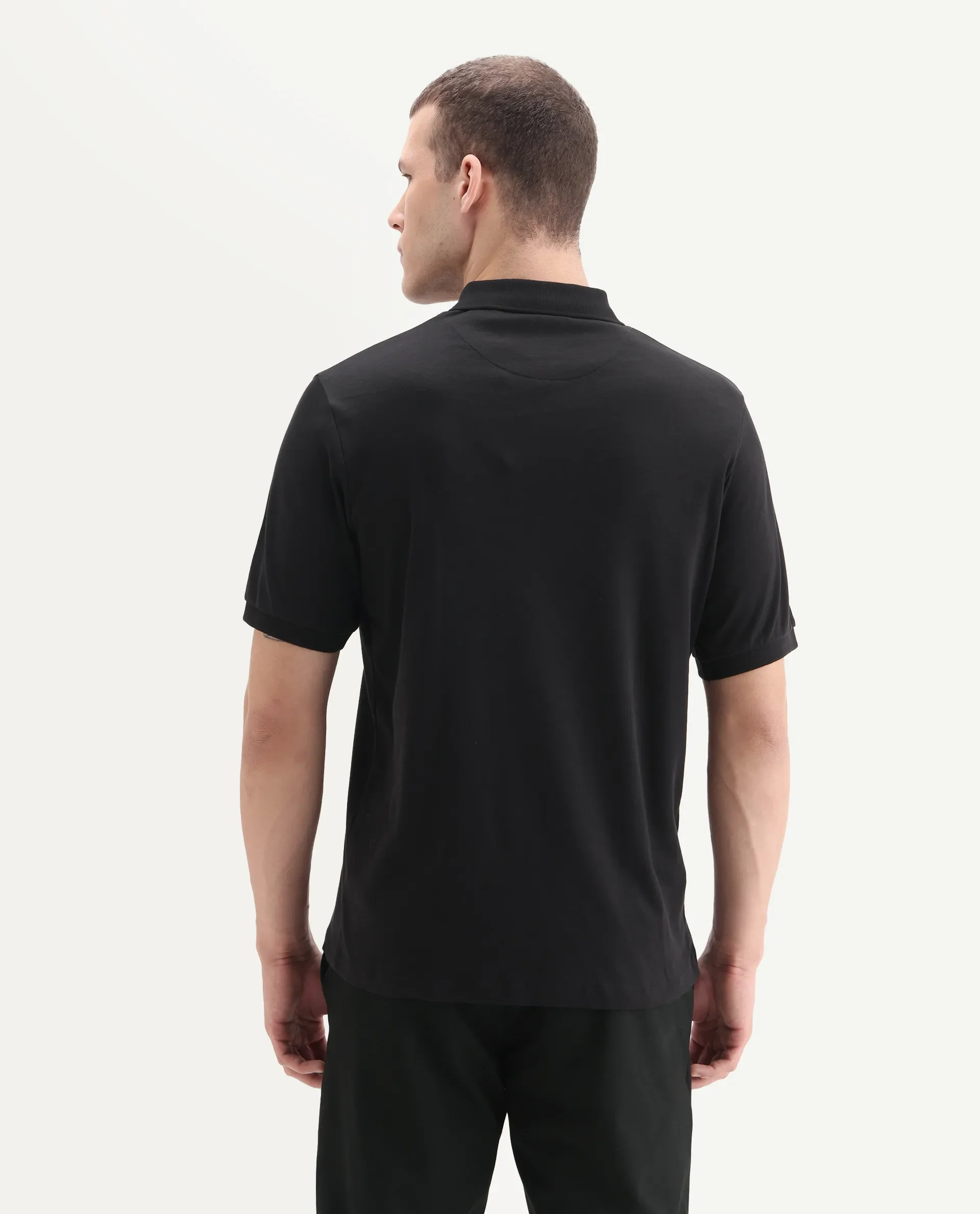 Rare Rabbit Men's Holit-1 Black Cotton Plain Regular Fit Half Sleeve Polo - Image 7