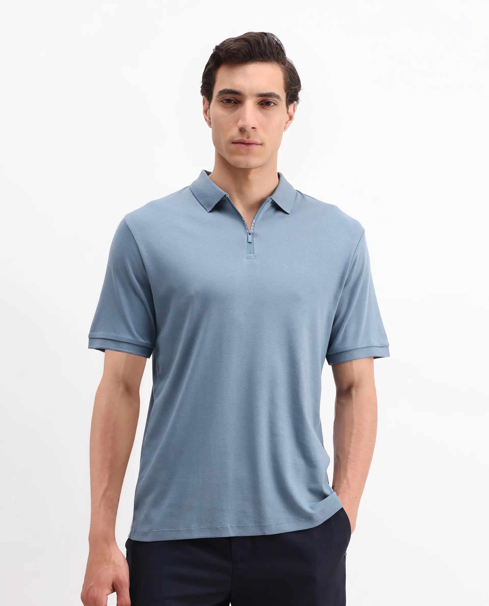 Rare Rabbit Men's Holit-1 Dark Blue Cotton Plain Regular Fit Half Sleeve Polo - Image 3