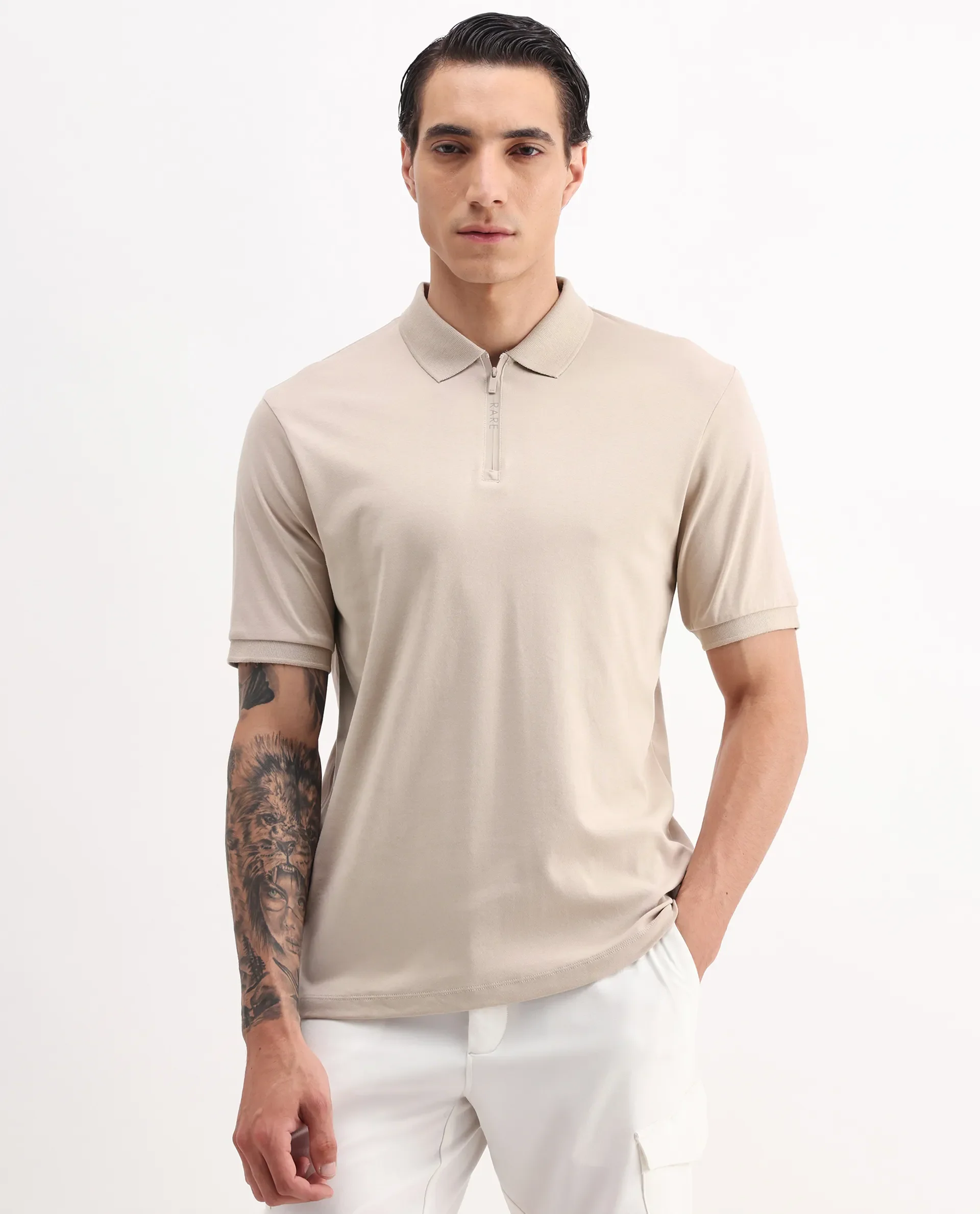 Rare Rabbit Men's Holit-1 Dusky Beige Cotton Plain Regular Fit Half Sleeve Polo - Image 4
