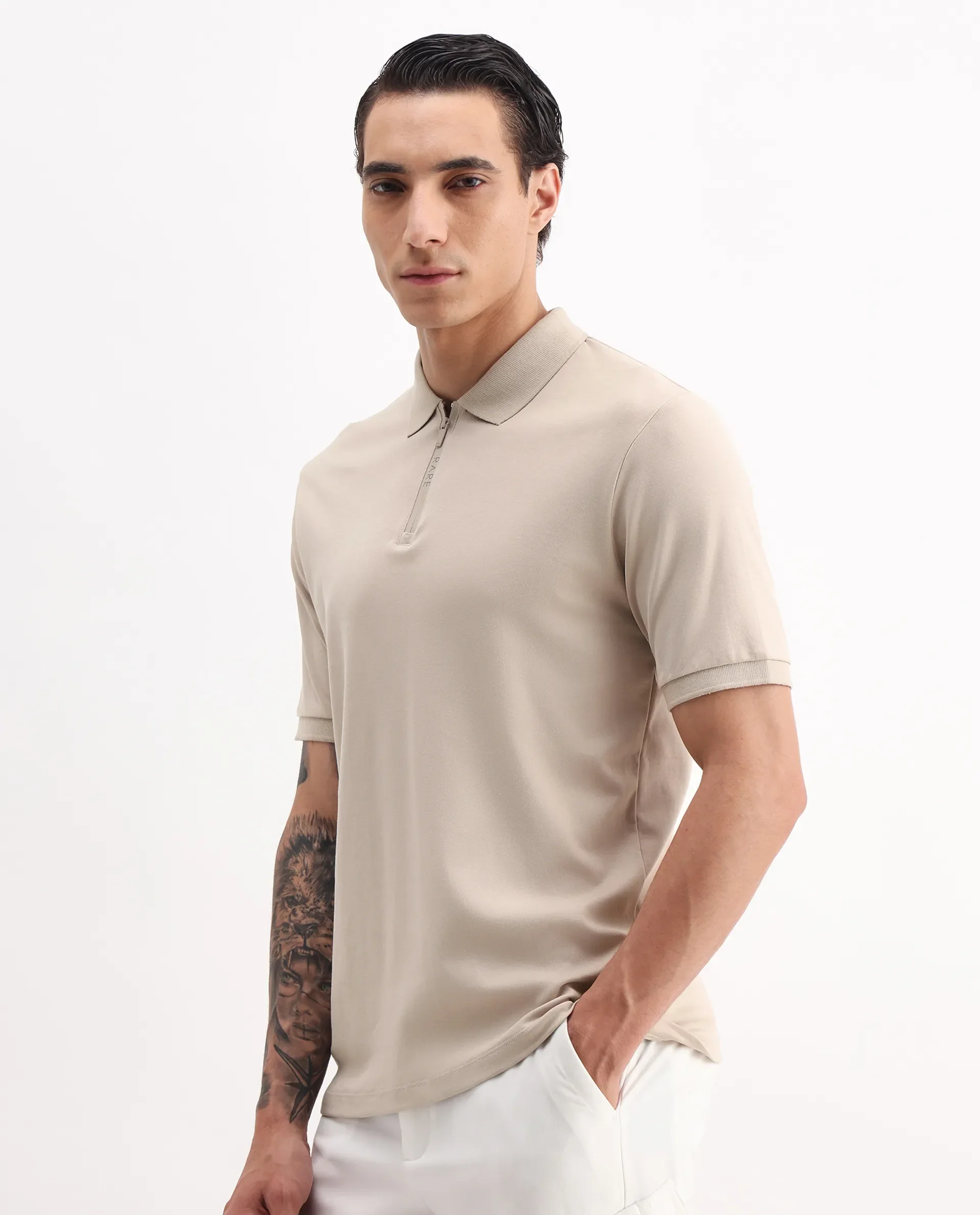 Rare Rabbit Men's Holit-1 Dusky Beige Cotton Plain Regular Fit Half Sleeve Polo - Image 5