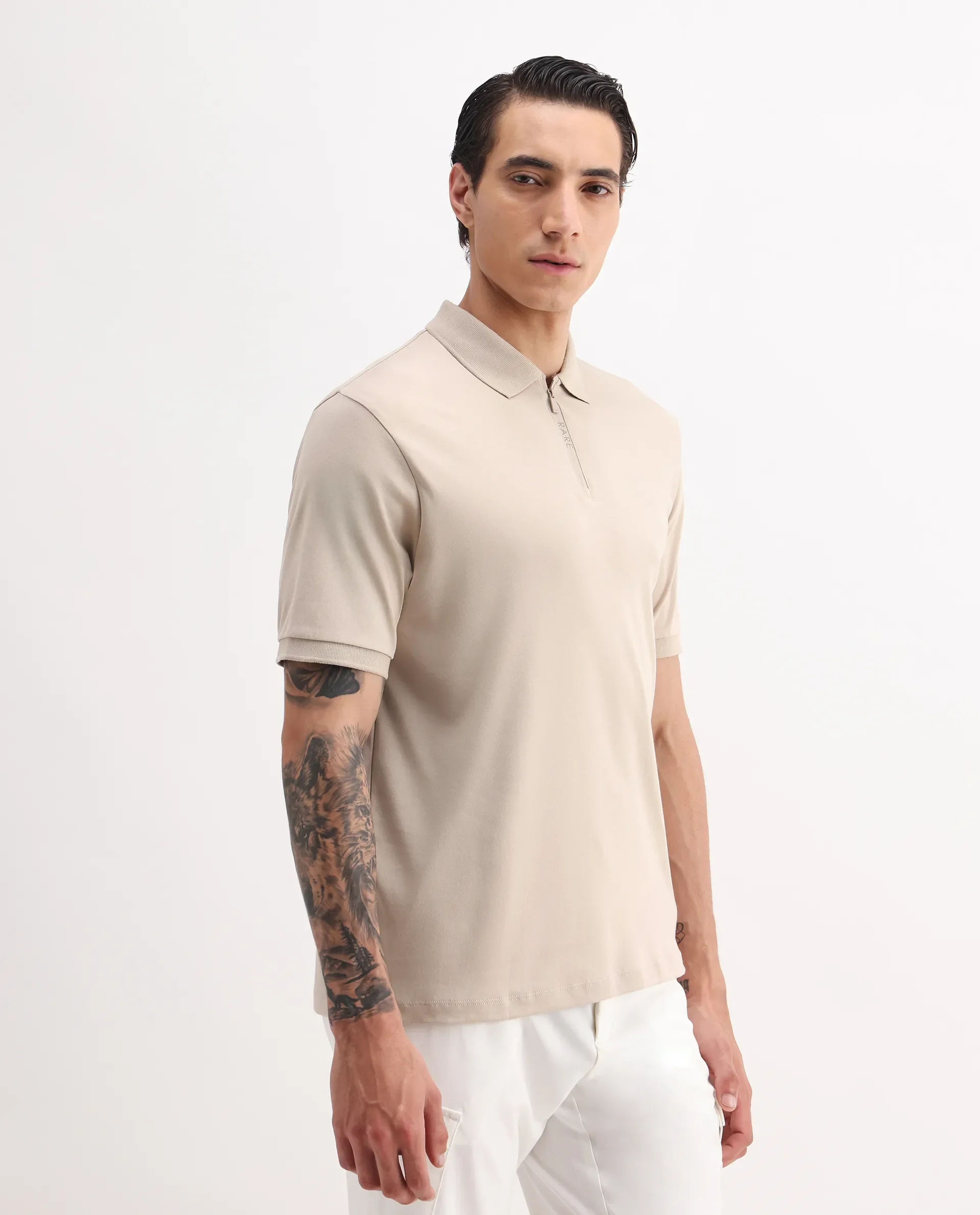 Rare Rabbit Men's Holit-1 Dusky Beige Cotton Plain Regular Fit Half Sleeve Polo - Image 6
