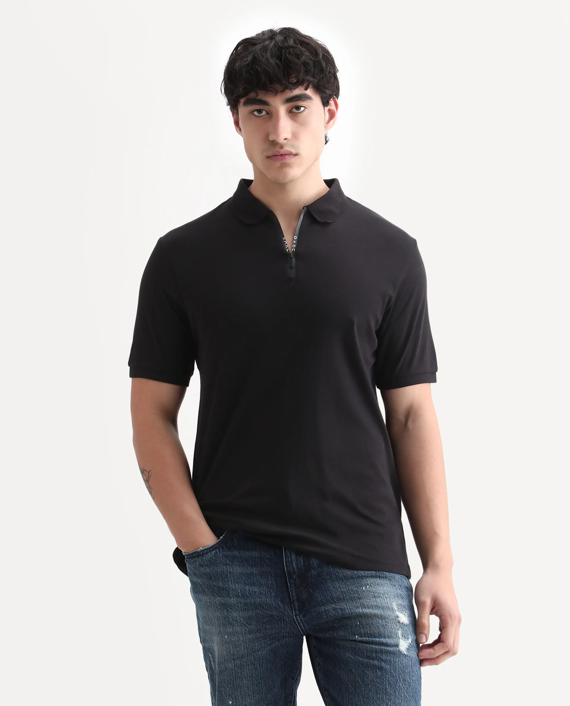 Rare Rabbit Men's Holit Black Cotton Plain Regular Fit Half Sleeve Polo - Image 4