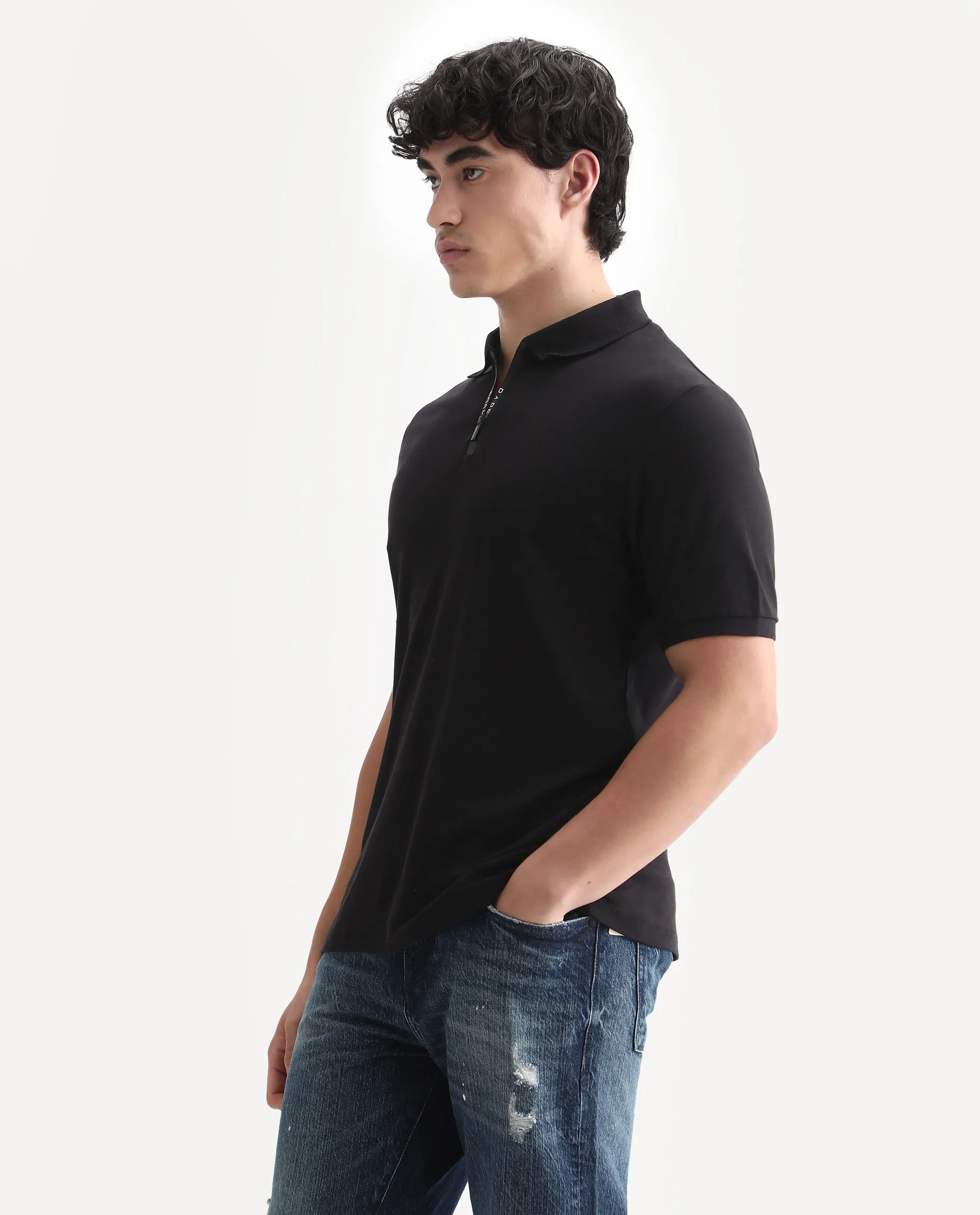 Rare Rabbit Men's Holit Black Cotton Plain Regular Fit Half Sleeve Polo - Image 5