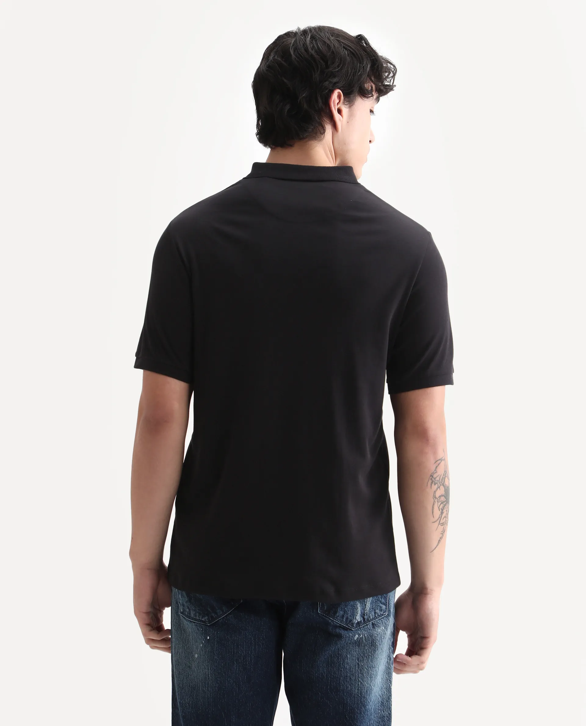 Rare Rabbit Men's Holit Black Cotton Plain Regular Fit Half Sleeve Polo - Image 7