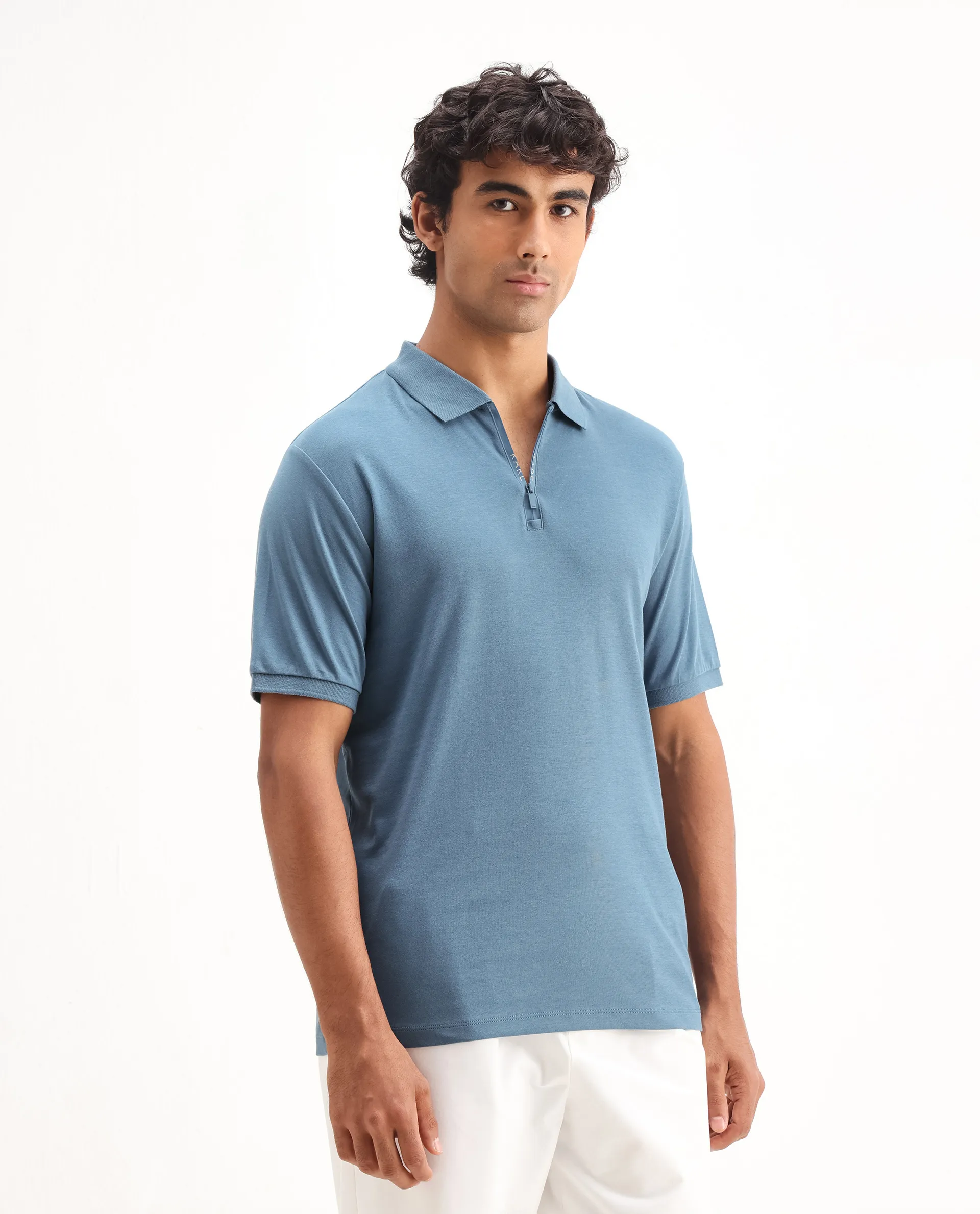 Rare Rabbit Men's Holit Dark Blue Cotton Plain Regular Fit Half Sleeve Polo - Image 4