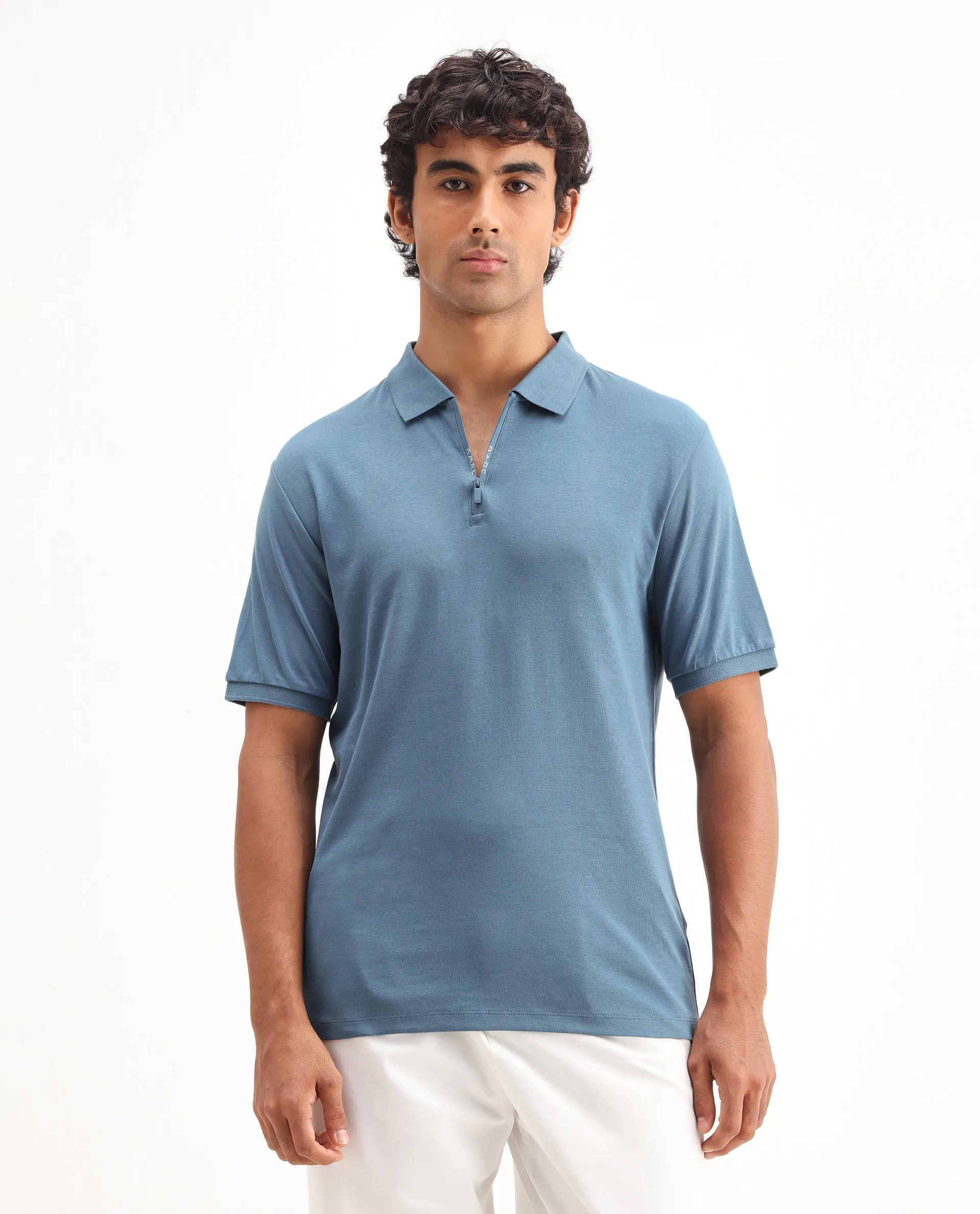 Rare Rabbit Men's Holit Dark Blue Cotton Plain Regular Fit Half Sleeve Polo - Image 5