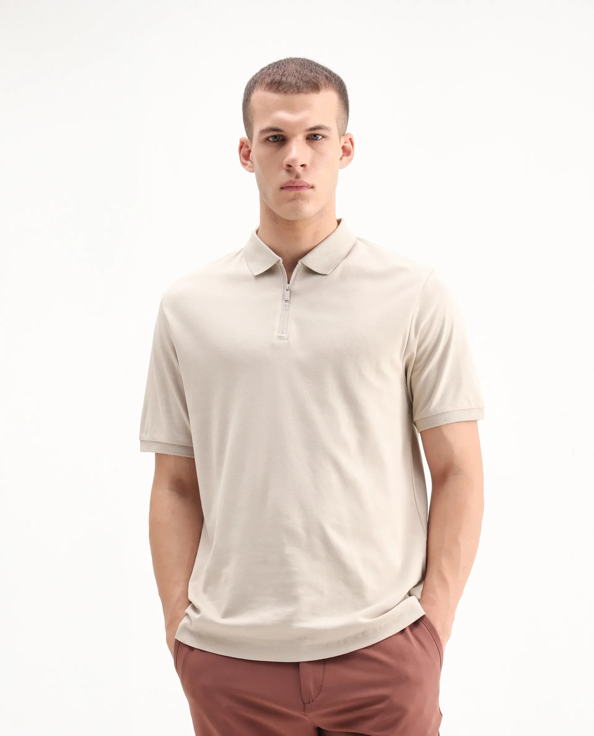 Rare Rabbit Men's Holit Dusky Beige Cotton Plain Regular Fit Half Sleeve Polo - Image 3