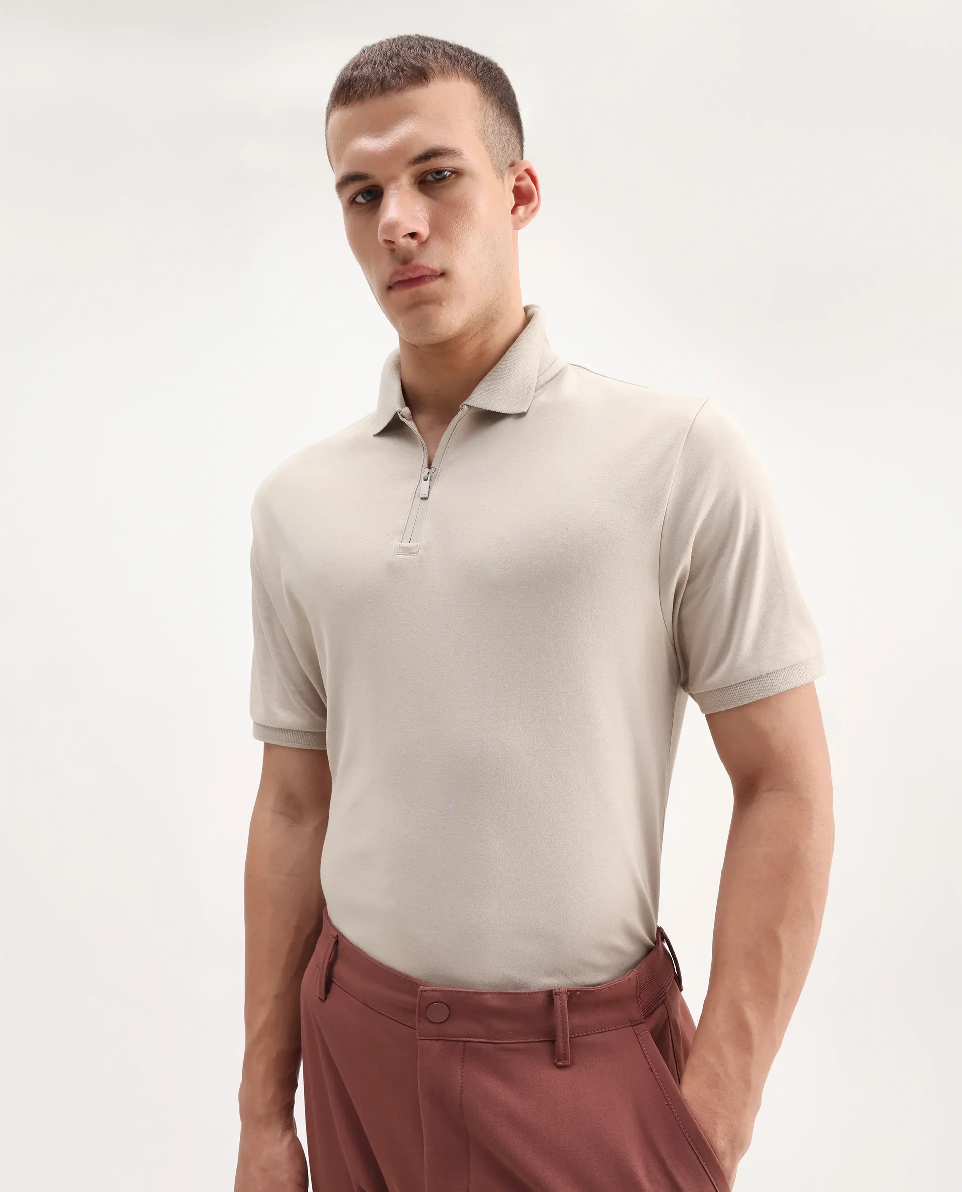 Rare Rabbit Men's Holit Dusky Beige Cotton Plain Regular Fit Half Sleeve Polo - Image 4