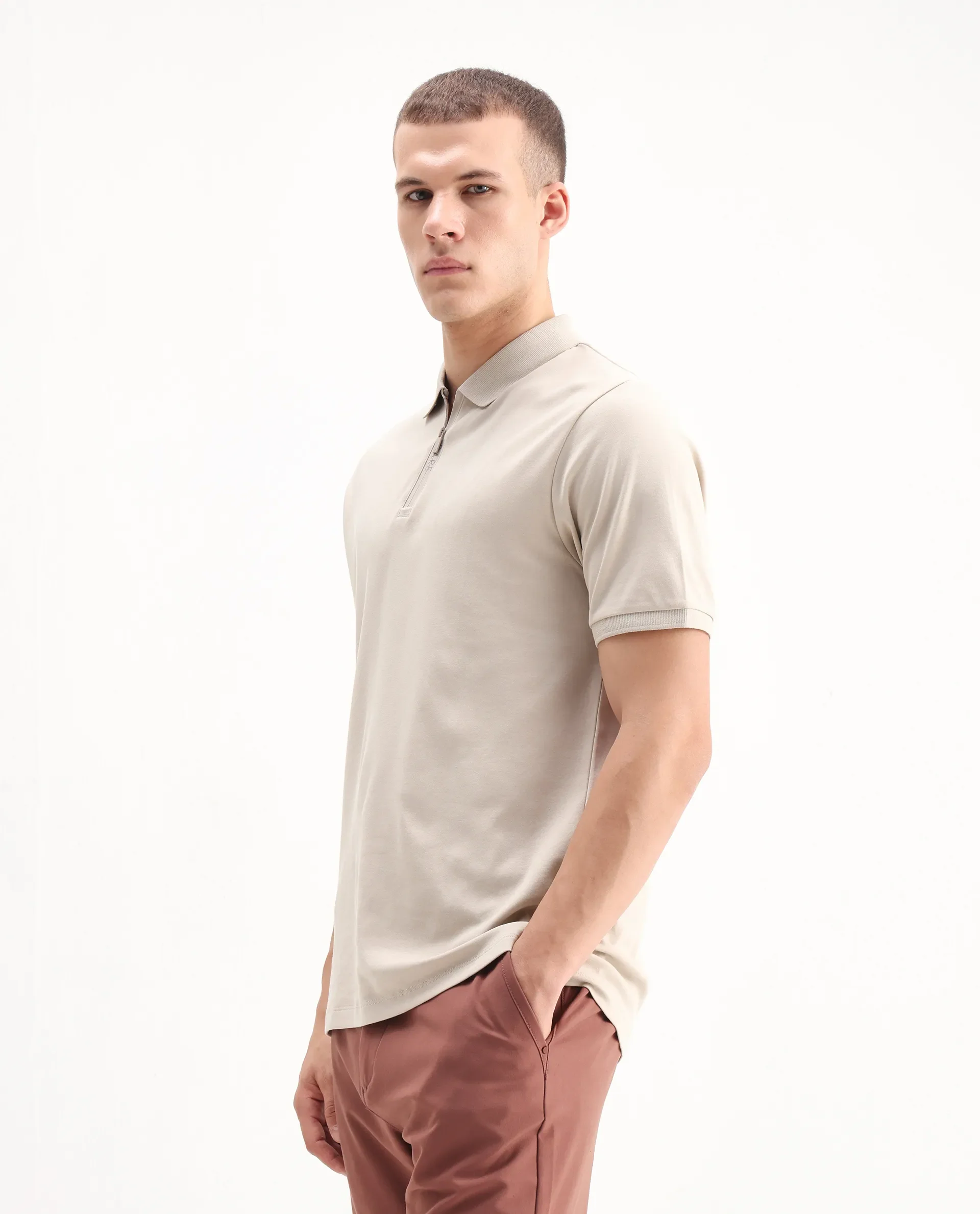 Rare Rabbit Men's Holit Dusky Beige Cotton Plain Regular Fit Half Sleeve Polo - Image 6