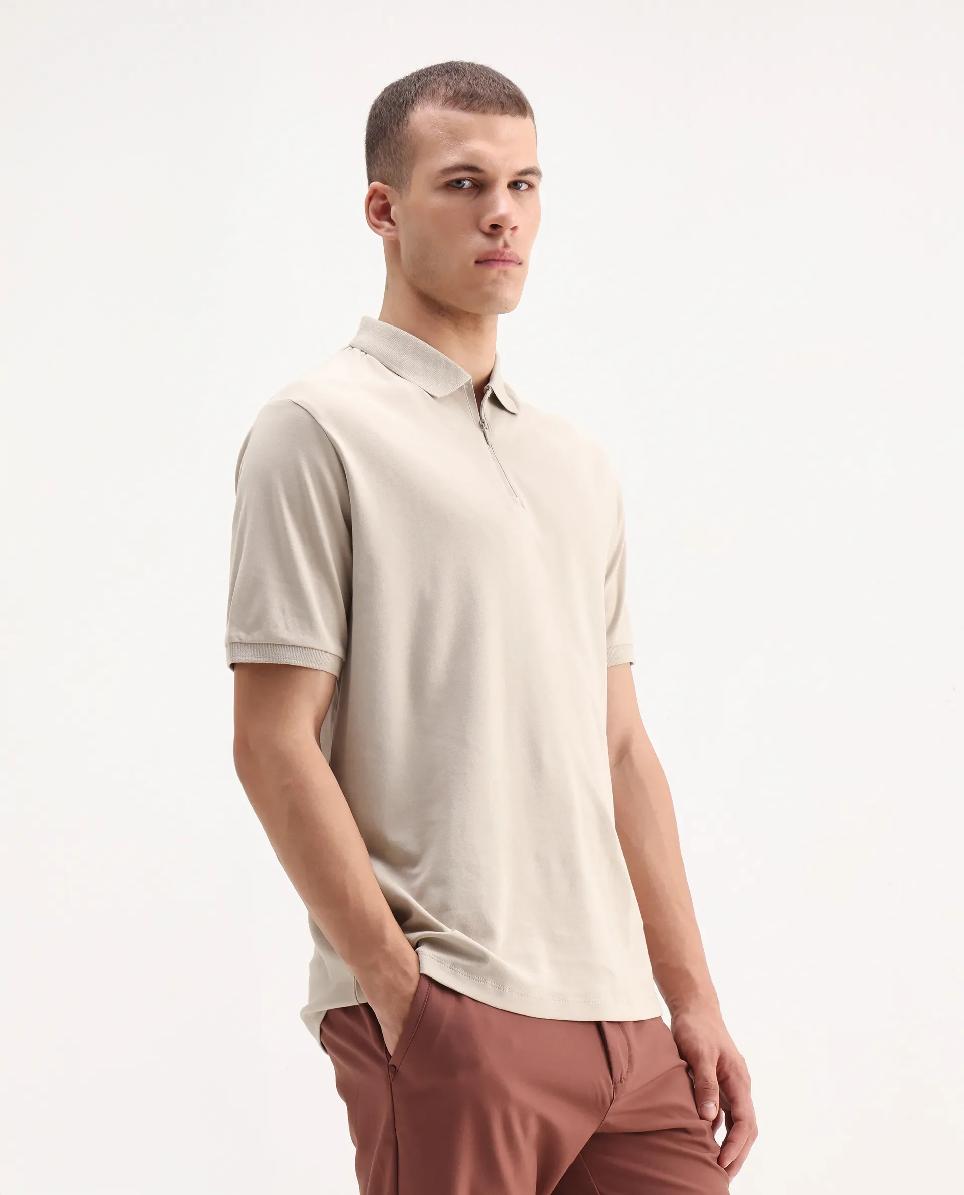 Rare Rabbit Men's Holit Dusky Beige Cotton Plain Regular Fit Half Sleeve Polo - Image 7