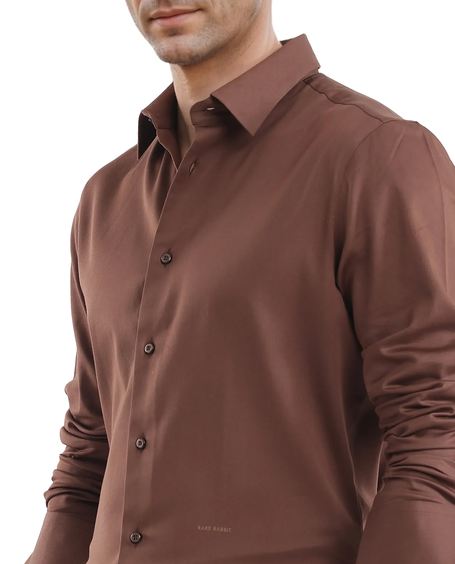 Rare Rabbit Men's Holla-25 Brown Cotton Blend Plain Regular Fit Full Sleeve Collared Shirt - Image 3