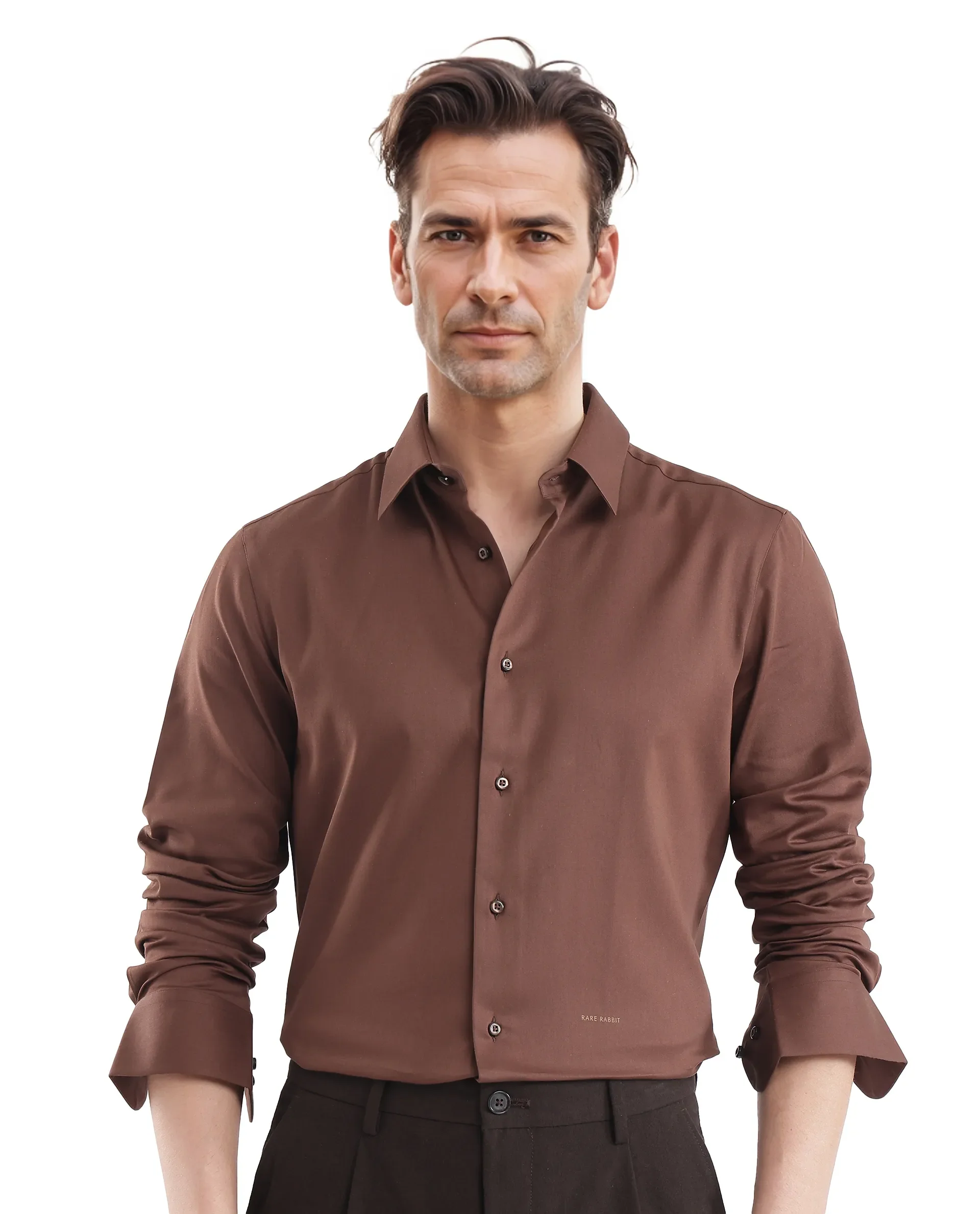 Rare Rabbit Men's Holla-25 Brown Cotton Blend Plain Regular Fit Full Sleeve Collared Shirt - Image 5