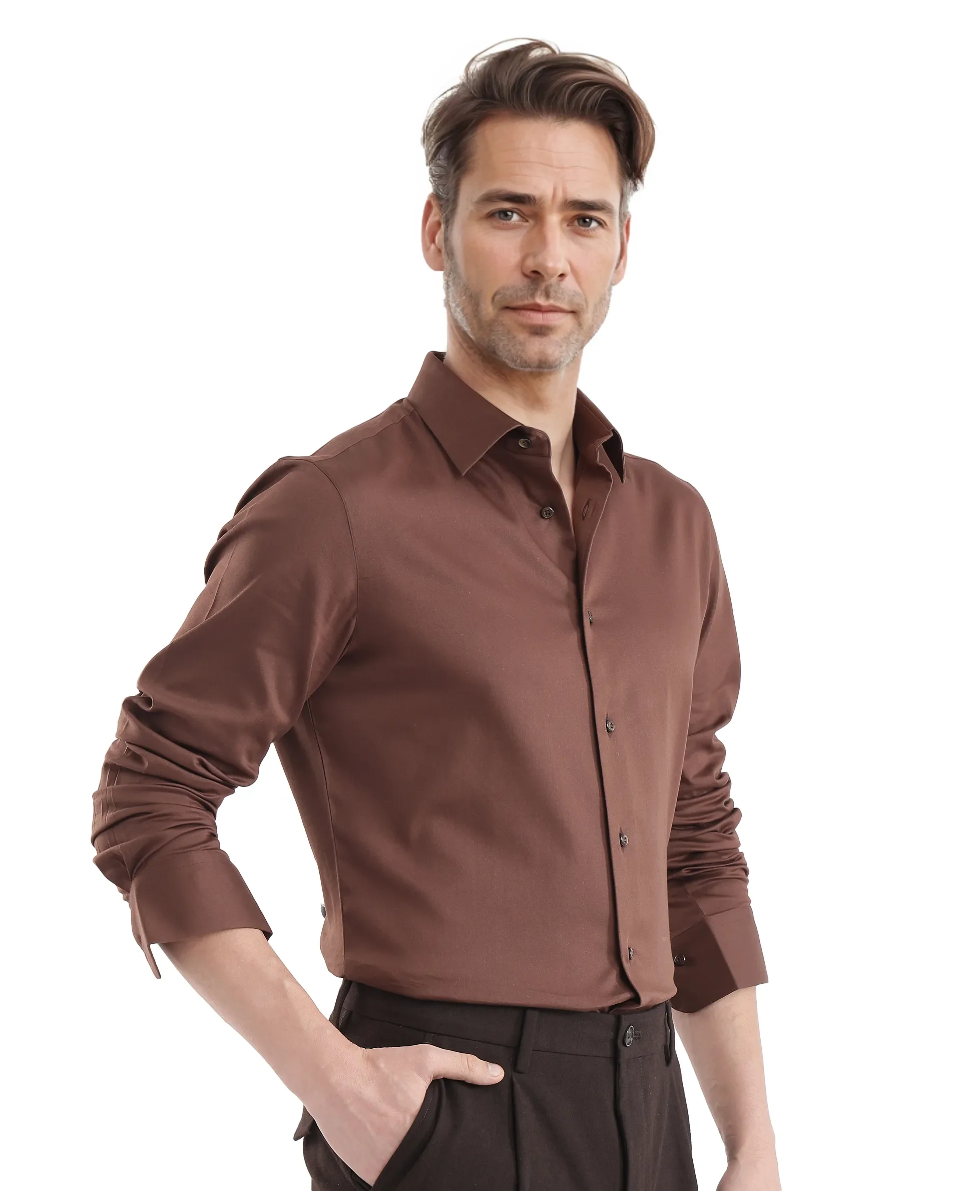 Rare Rabbit Men's Holla-25 Brown Cotton Blend Plain Regular Fit Full Sleeve Collared Shirt - Image 7